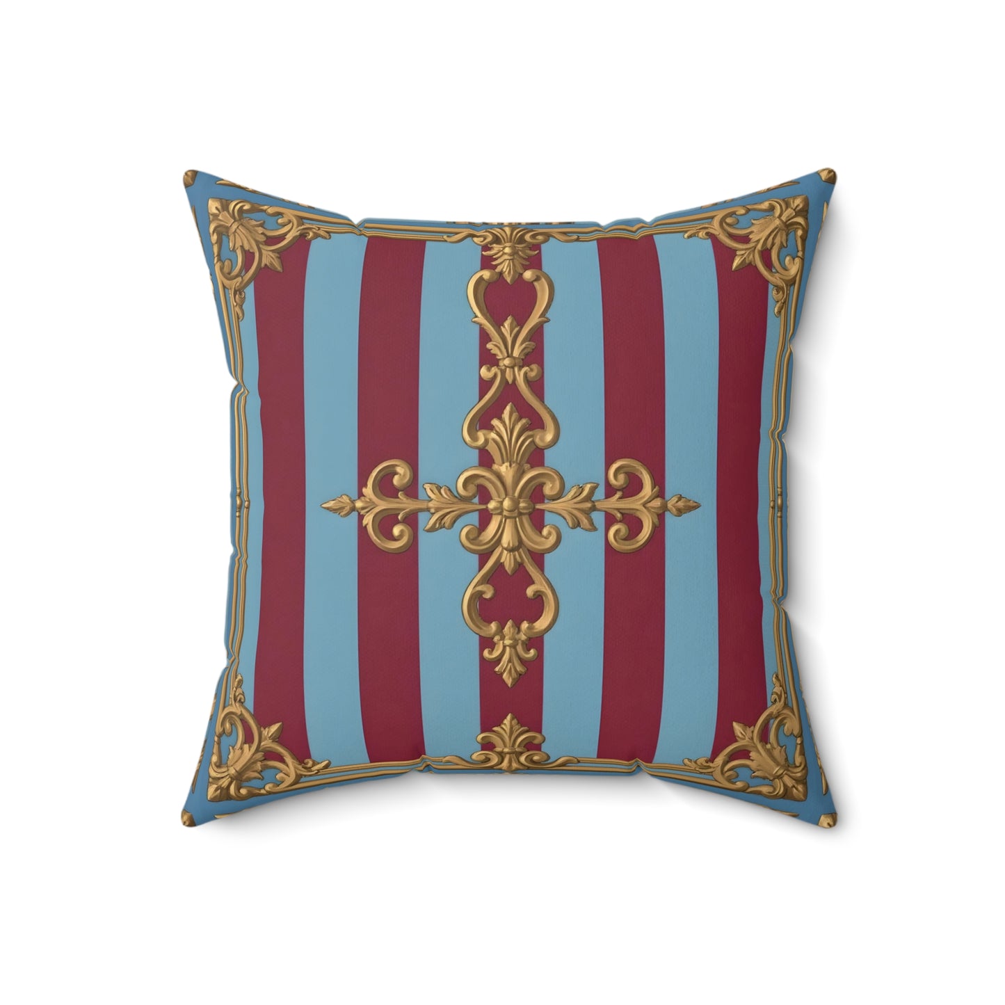 Elegant Faux Suede Accent Pillow, Chic Home Decor, Decorative Cushion, Luxurious Throw Pillow - Sky Blue & Maroon Striped Baroque