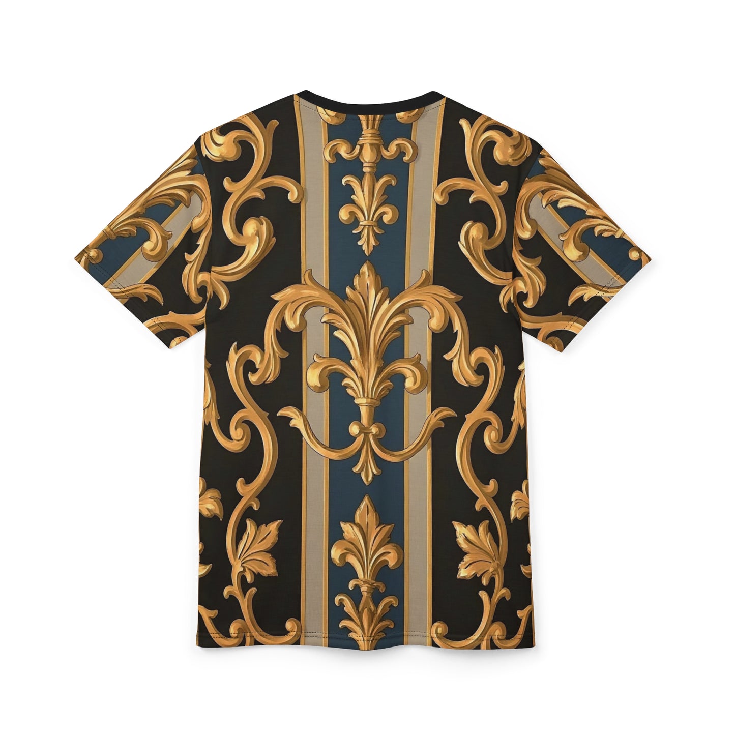 Luxurious Gold Pattern Tee, Stylish Graphic T-Shirt, Trendy Casual Wear, Fashionable Summer Top - Blue & Black Striped Rococo