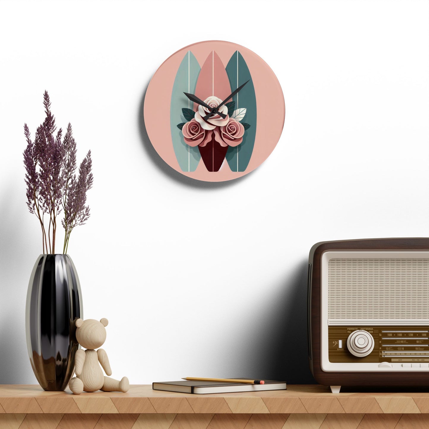 Bohemian Surf-Inspired Acrylic Wall Clock with Floral Design - Burgundy, Matte Mauve & Teal Surfboard & Roses Design