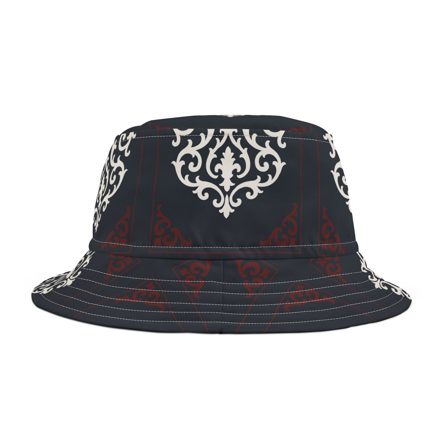 Dusk Blue & Maroon-White Baroque Bucket Hat — Vintage Ornamental Print