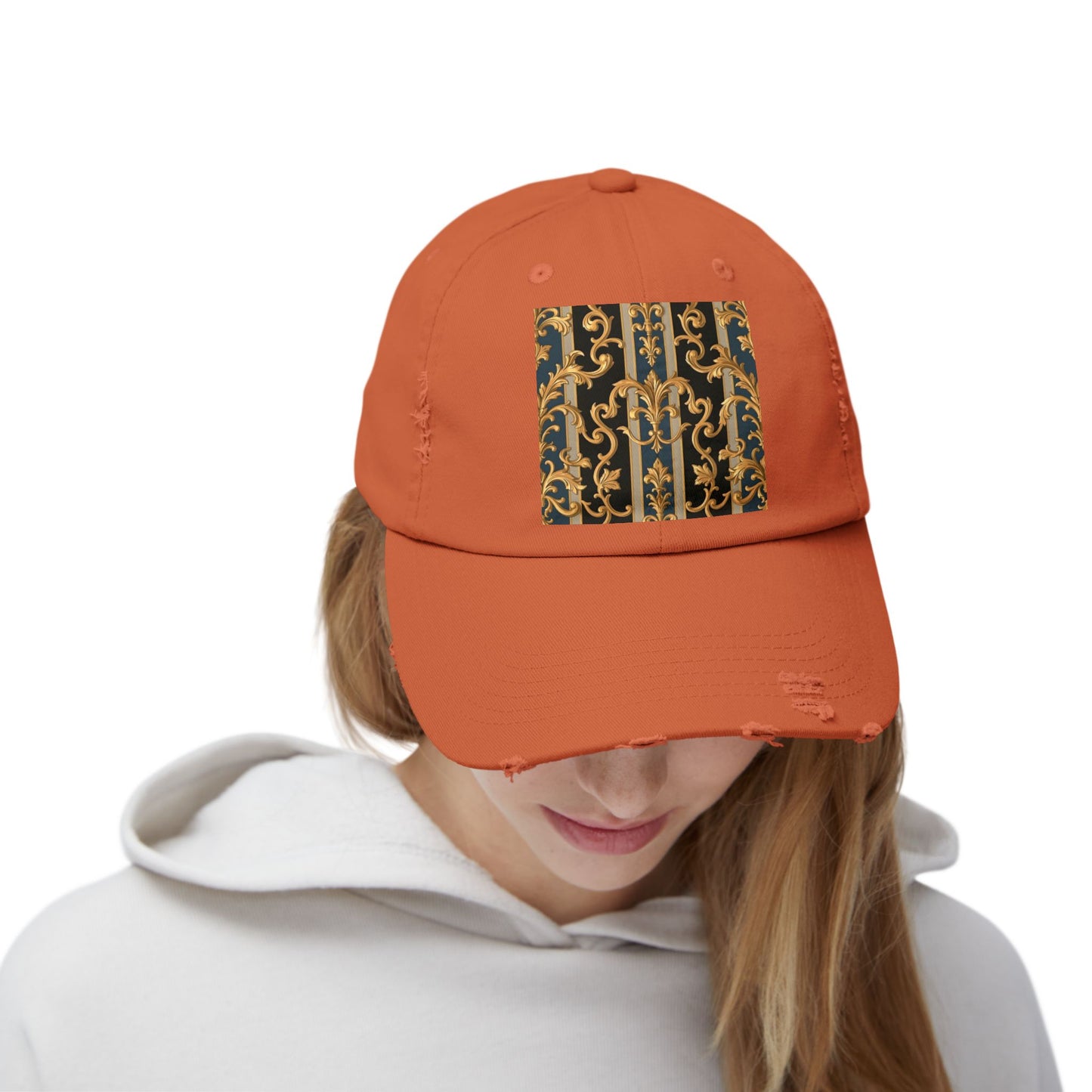 Unisex Distressed Cap with Elegant Gold Pattern, Vintage Style Hat, Casual Fashion Accessory - Blue & Black Striped Rococo
