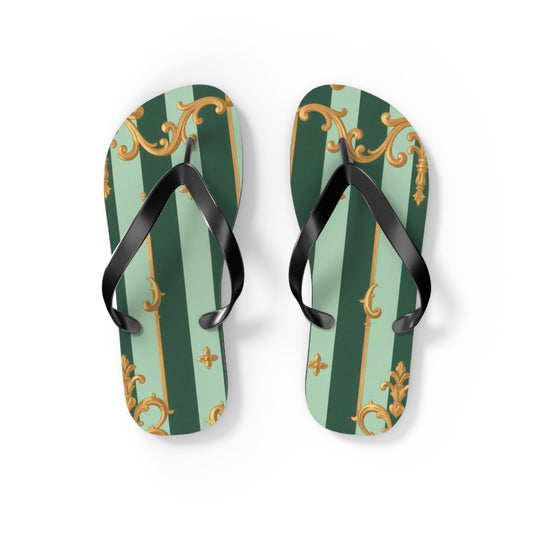 Elegant Patterned Flip Flops for Summer Fun, Beach Sandals, Casual Footwear, Vacation Essentials - Mint Green & Teal Striped Gold Baroque