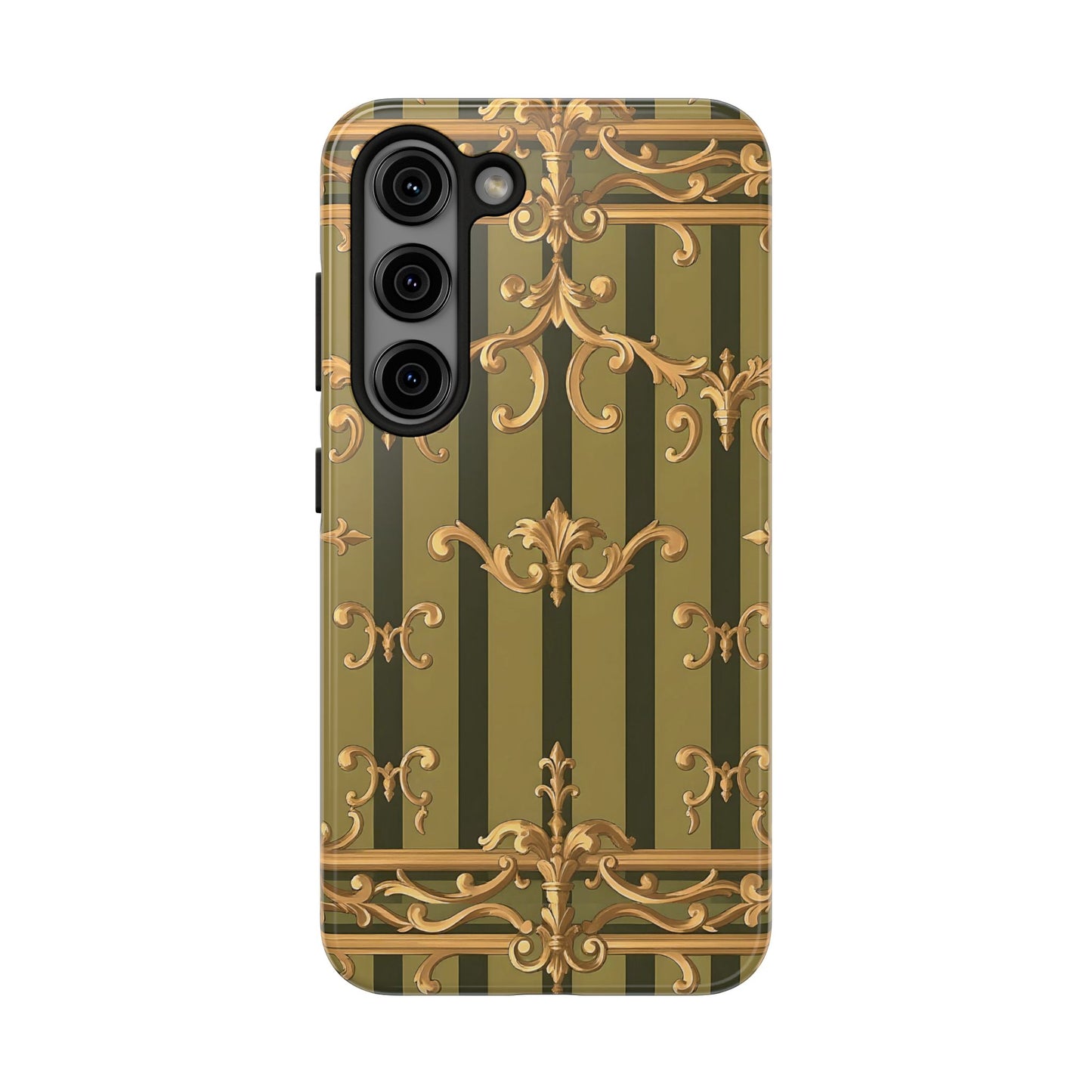 Elegant Vintage Phone Case - Tough Protection with Classy Design, Stylish Phone Cover for Fashion Lovers - Olive Green Striped Rococo
