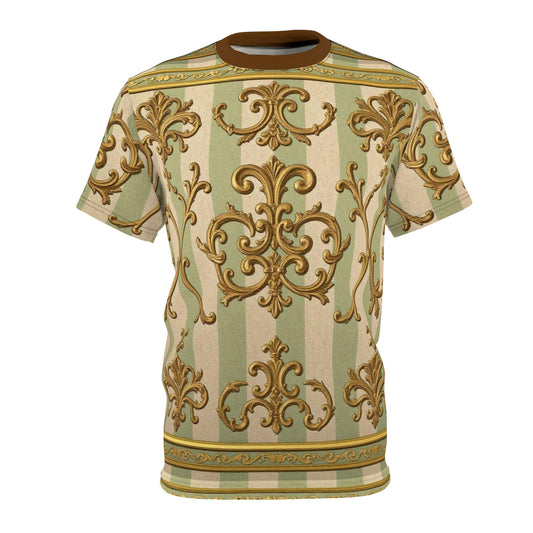 Elegant Vintage Pattern Unisex Tee, Boho Shirt, Gift for Her, Fashion Statement Tee, Summer Casual Wear - Mint & Beige Striped Gold Baroque