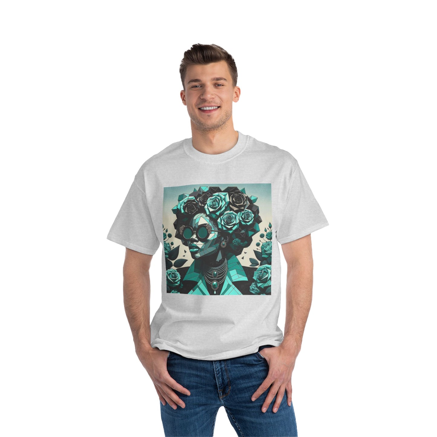 Trendy Floral Graphic Tee | Artistic Short-Sleeve Shirt, Fashionable Summer Top, Chic Gift for Her - Turquoise & Black Roses Lady
