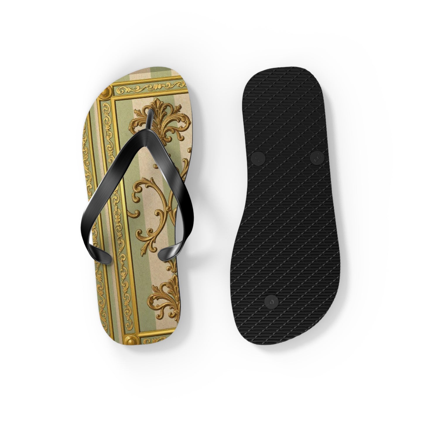 Elegant Floral Flip Flops for Summer, Beach Footwear, Stylish Sandals, Vacation Essentials, Outdoor Slip-On Shoes - Mint & Beige Striped Gold Baroque