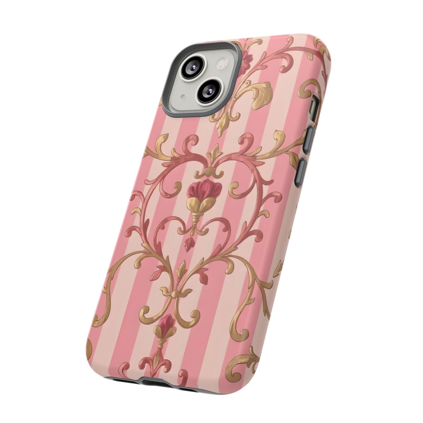 Elegant Floral Motif Phone Case - Tough Cases with Vintage Design - Pink Striped Rose Gold Damask