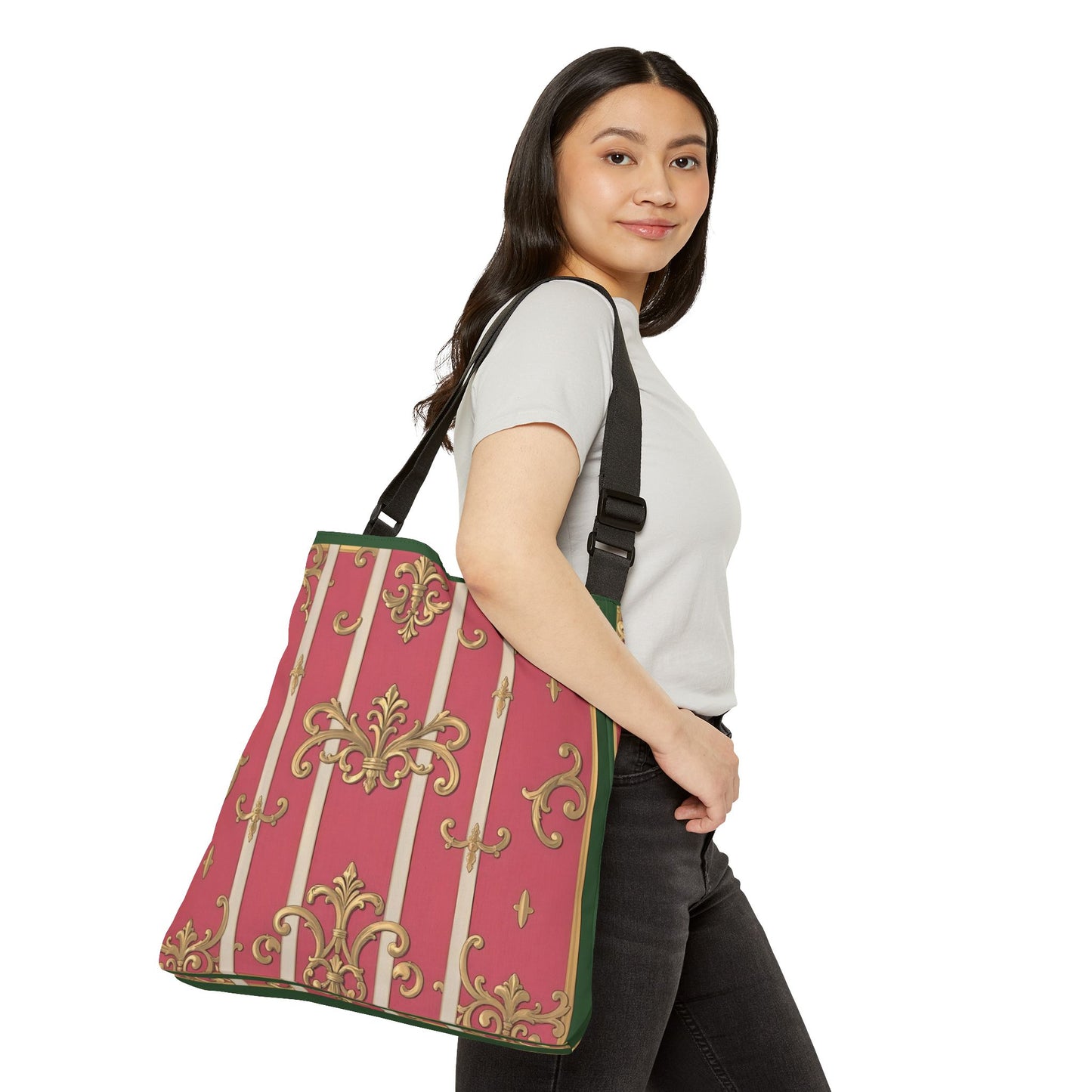 Chic Green Border Pink Striped Baroque Adjustable Tote Bag - Stylish Everyday Carryall, Floral Print, Fashion Statement, Gift for Her
