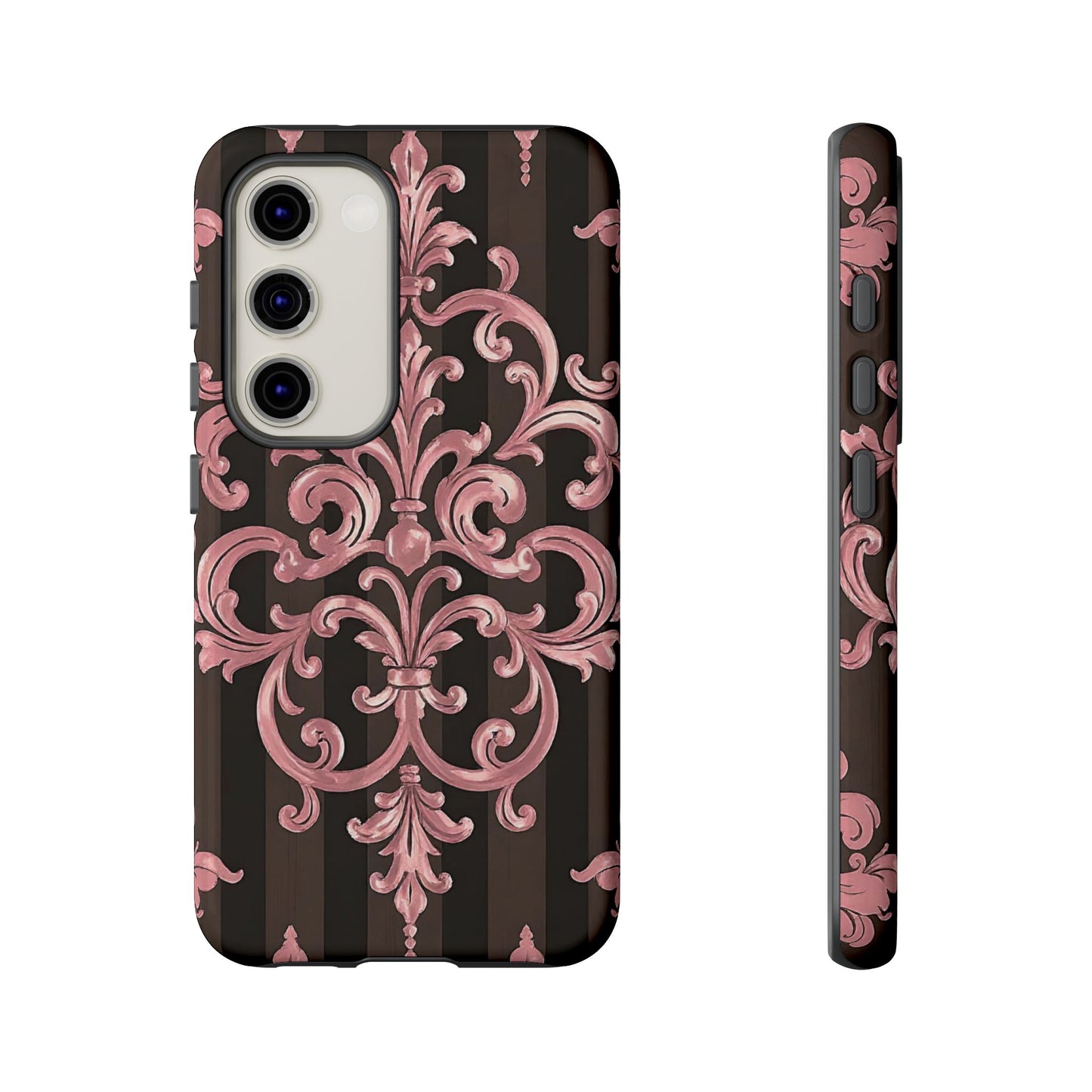 Elegant Floral Motif Phone Case - Tough Cases with Vintage Design - Brown Striped Mauve Damask