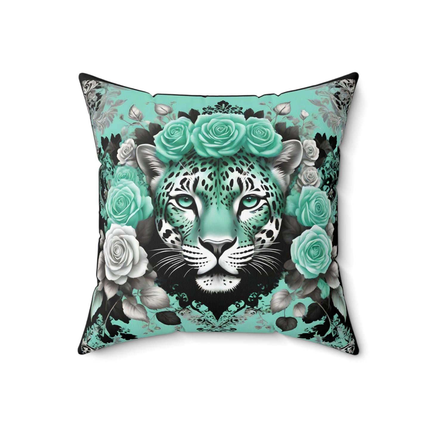 Floral Leopard Print Square Pillow – Chic Home Decor Accent - Mint Green Leopard