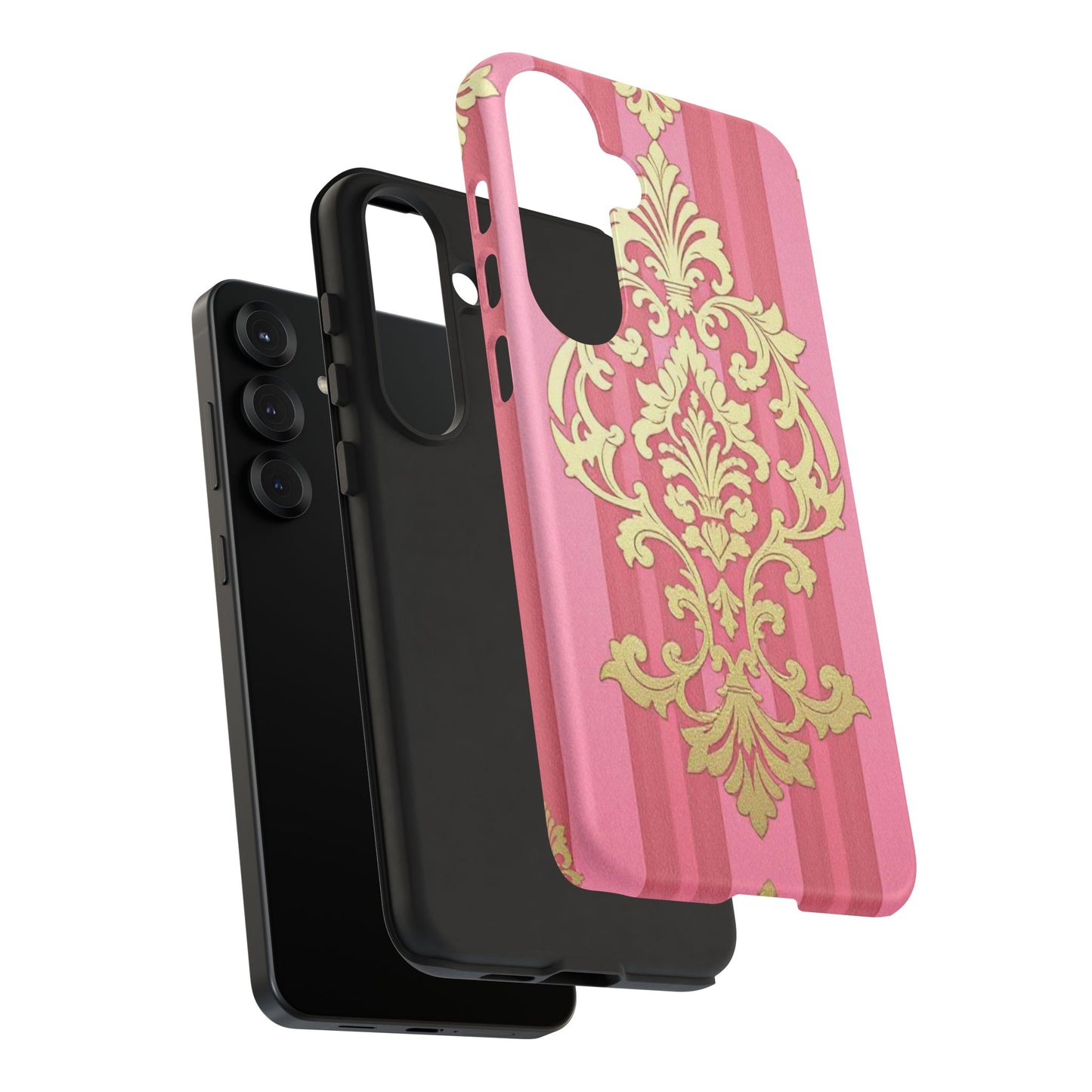 Elegant Floral Motif Phone Case - Tough Cases with Vintage Design - Pink Striped Damask