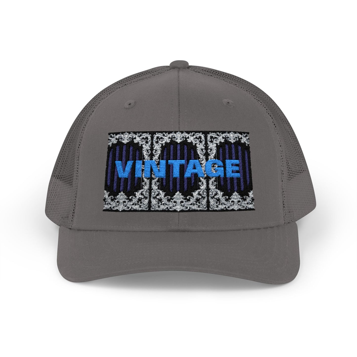 Vintage Navy Stripes & Baroque Trucker Cap — Retro 'VINTAGE' Embroidered Snapback