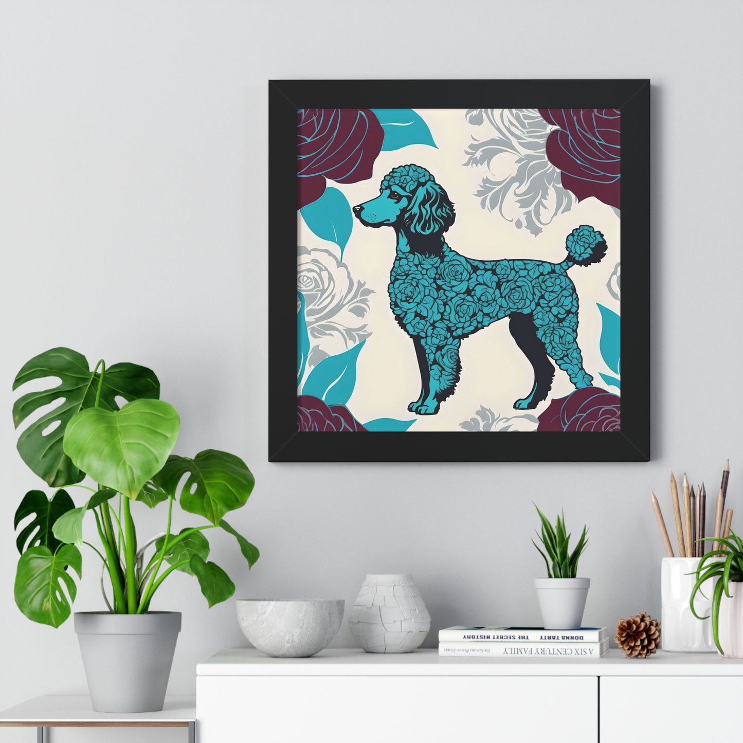 Vertical Poster - Stylish Framed - Art for Home Decor - Rose Inspired Turquoise Poodle With Burgundy Roses