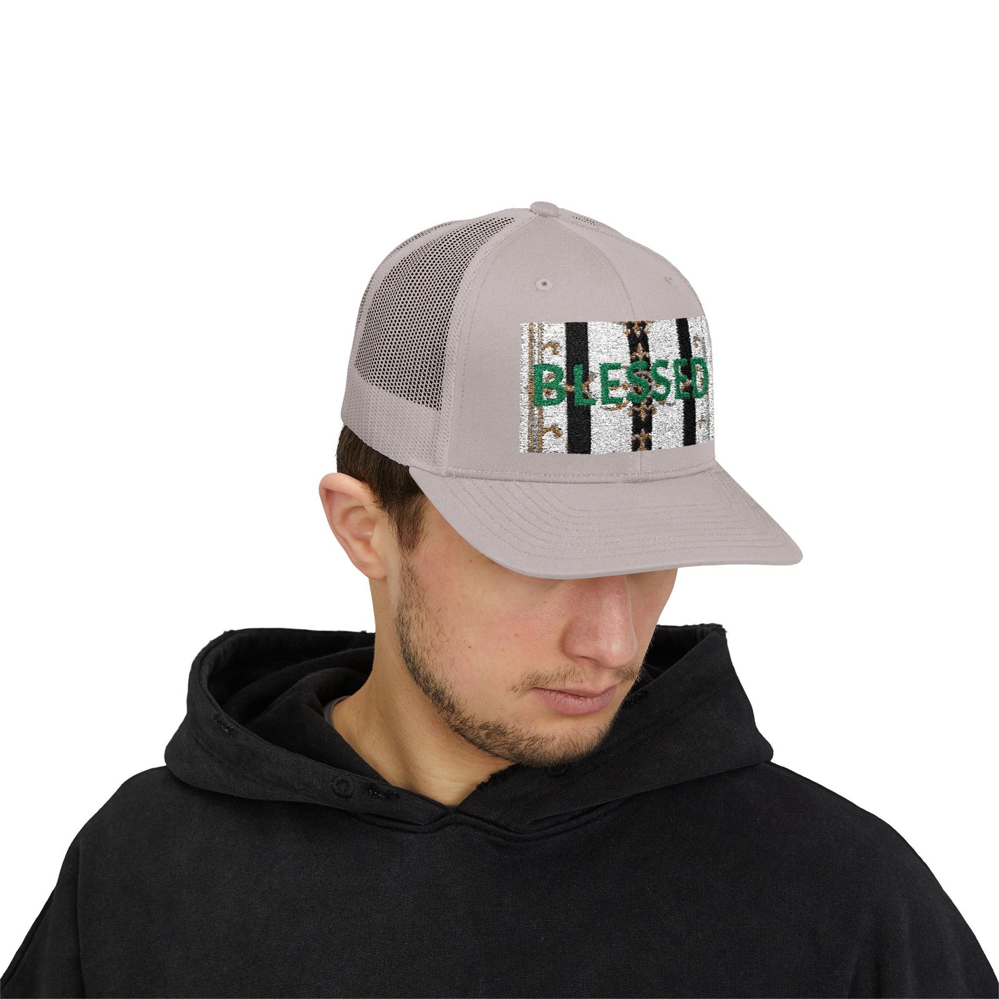 Blessed Snapback Trucker Cap | Casual Style, Outdoor Gear, Faith-Based Gift, Adjustable Hat, Everyday Fashion - Black & White Striped Gold Baroque