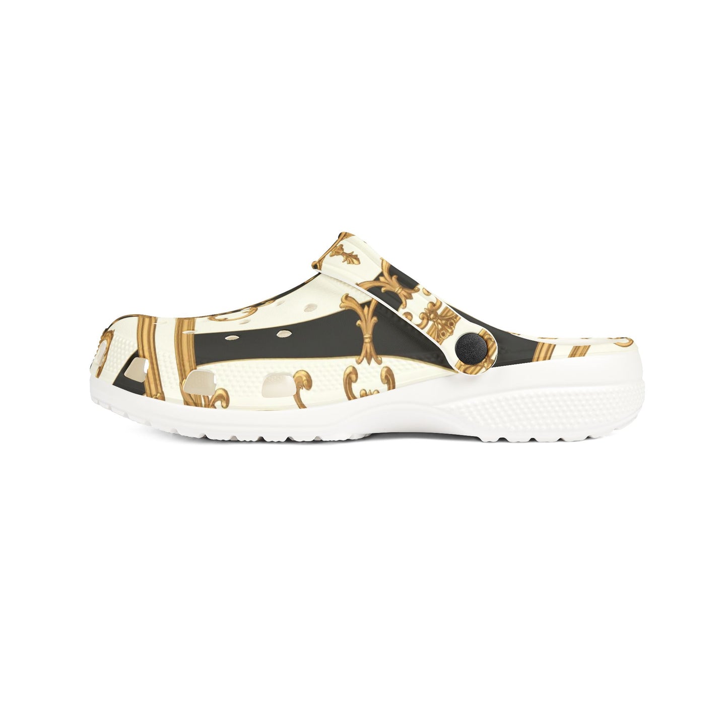 Chic EVA Foam Rubber Clogs, Stylish Gardening Shoes, Unique Pattern Slippers, Trendy Indoor/Outdoor Footwear - Black & White Striped Gold Baroque