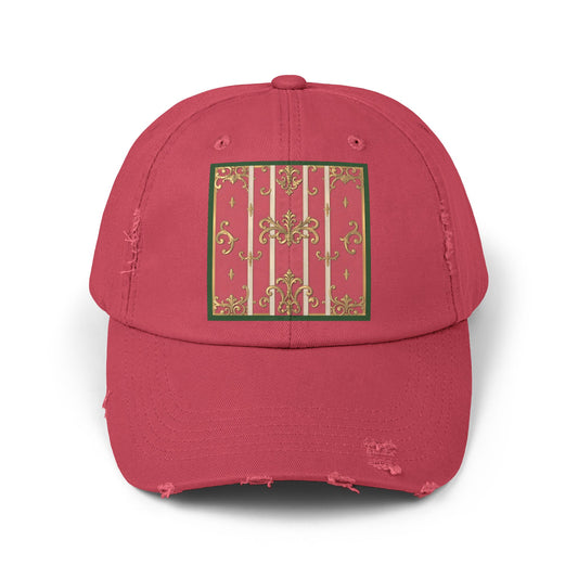 Vintage Green Border Pink Striped Baroque Distressed Cap, Fashion Accessory, Casual Summer Hat, Gift for Her, Trendy Everyday Wear
