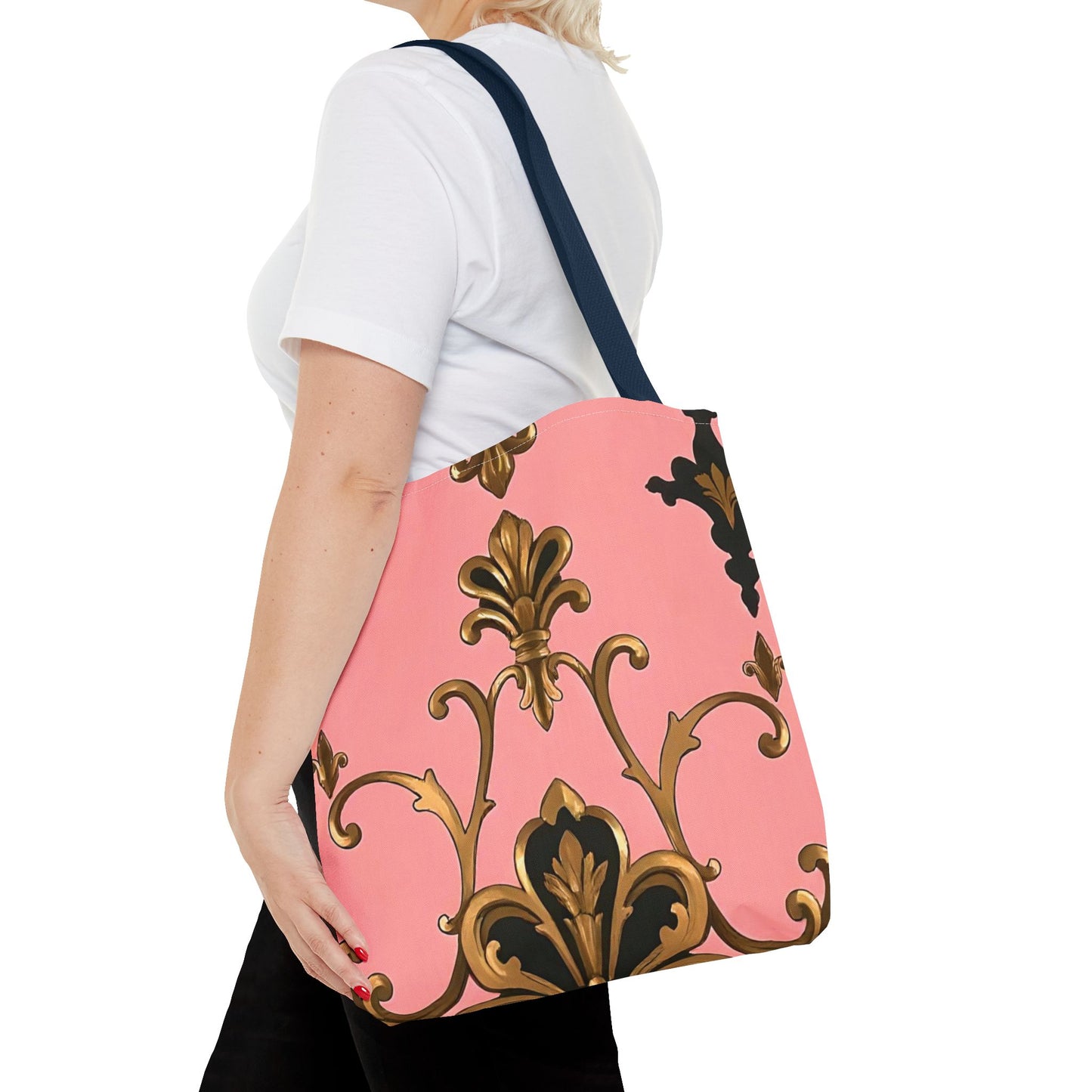 Elegant Patterned Tote Bag - Chic Carry-All for Everyday Use, Fashion Accessory - Pink, Black & Gold Rococo