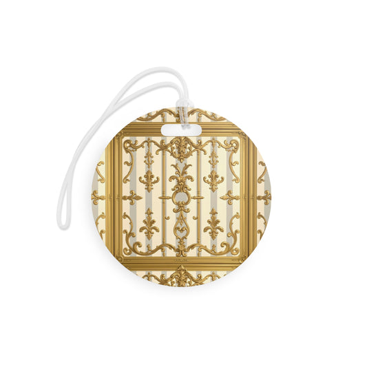 Elegant Travel Luggage Tags - Customizable Name Labels for Suitcases, Vintage Inspired Travel Accessories - Matte Gray & Cream Striped Gold Baroque
