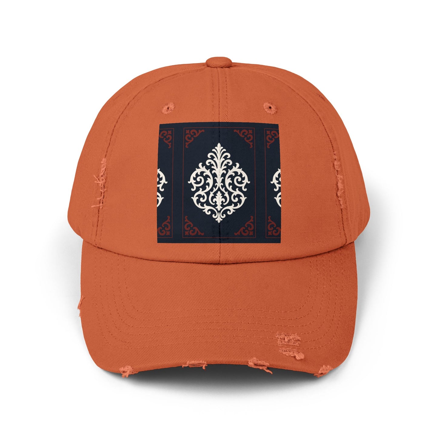Dusk Blue & Maroon-White Baroque Distressed Cap with Ornamental Medallion Patch