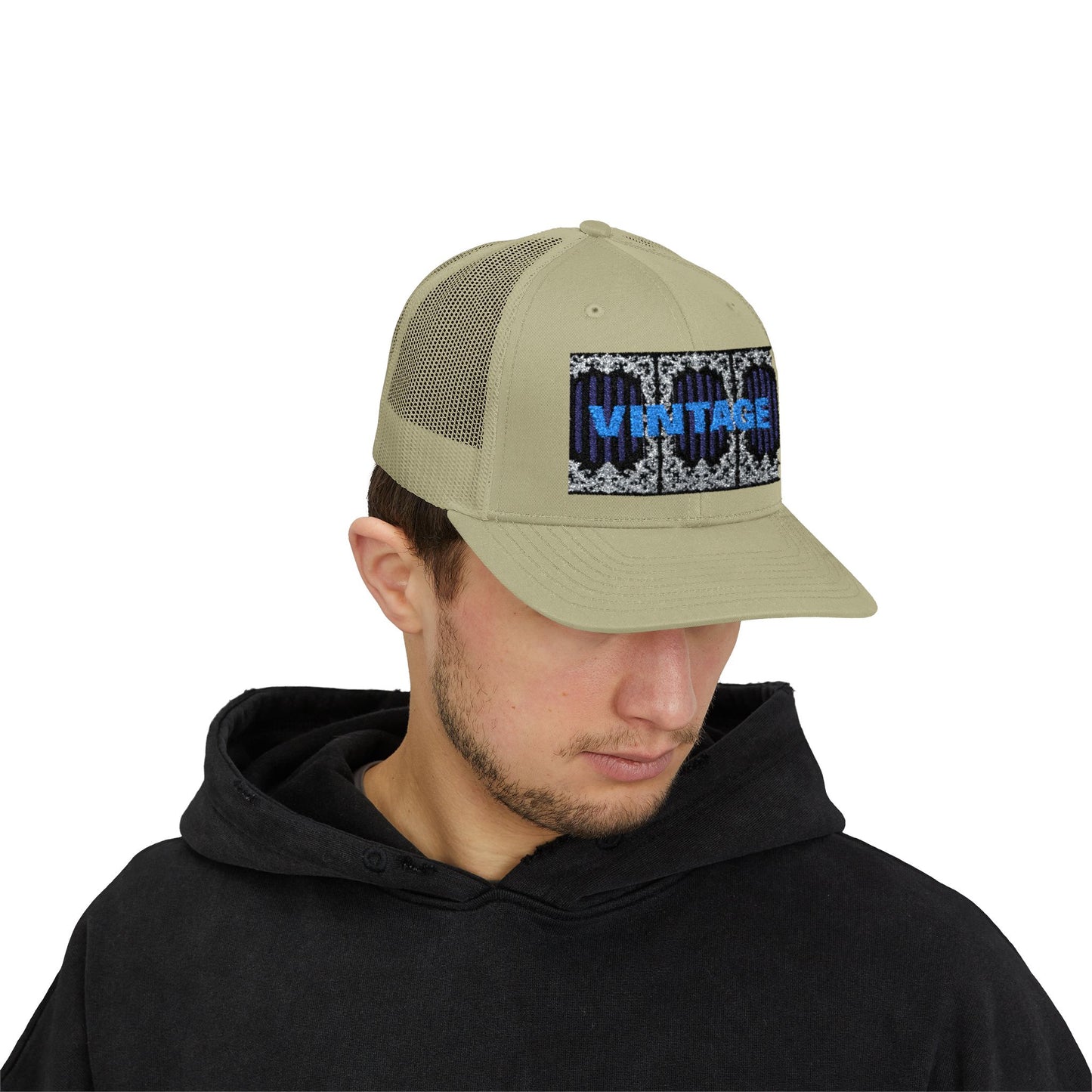 Vintage Navy Stripes & Baroque Trucker Cap — Retro 'VINTAGE' Embroidered Snapback