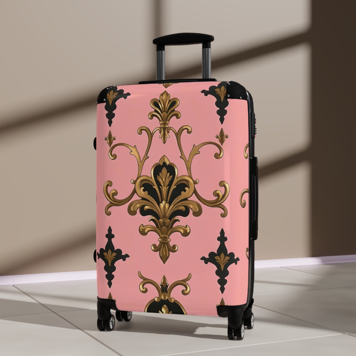 Elegant Pink Floral Suitcase, Travel Luggage, Stylish Carry-On Bag, Personalized Gift for Travelers - Pink, Black & Gold Rococo