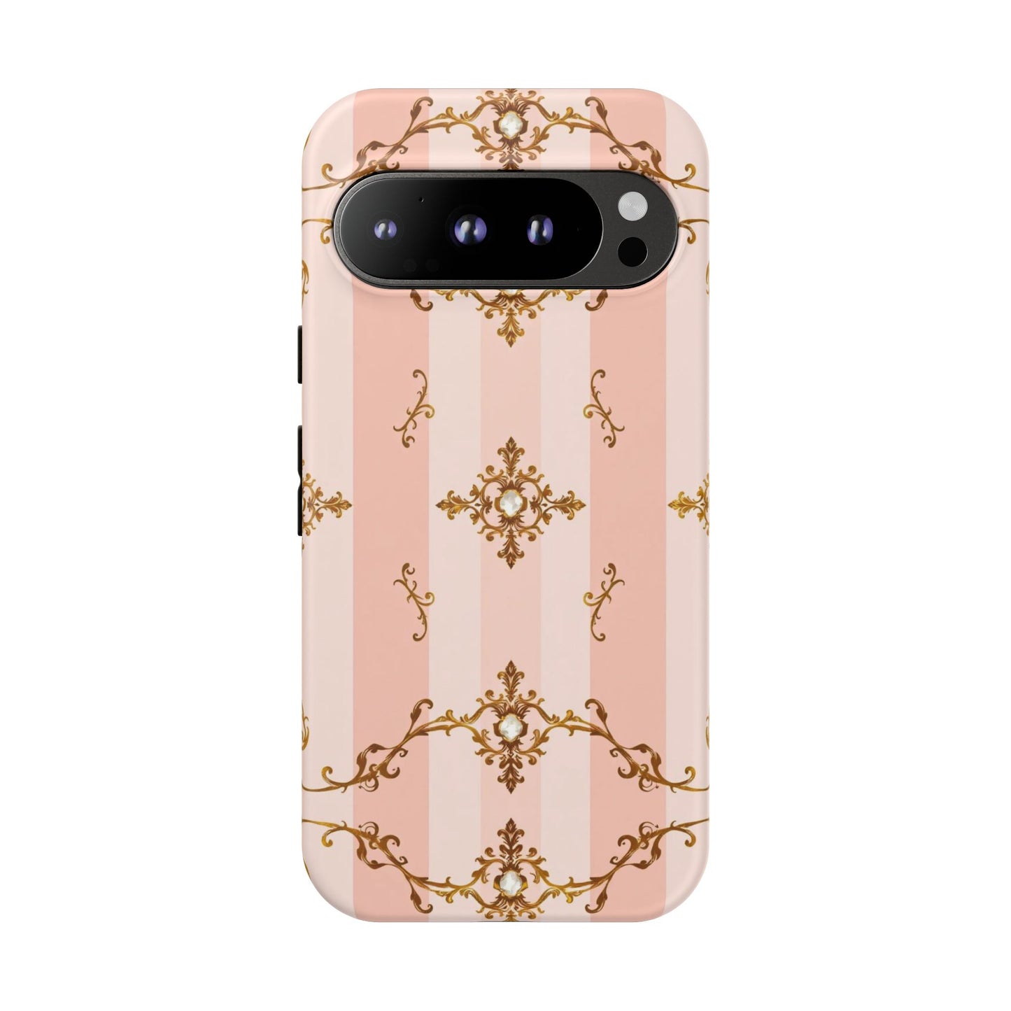 Elegant Floral Phone Case, Tough Cases for Women, Trendy Phone Cover, Chic Gift - Pink Jeweled Striped Gold Baroque