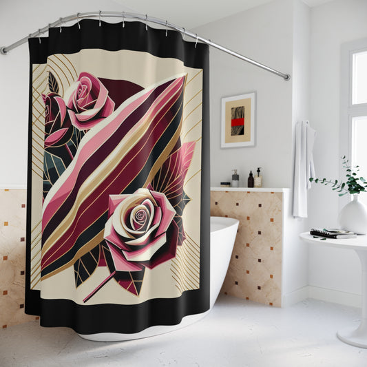 Vintage Floral Shower Curtain with Stripes - Elegant Home Decor - Pink Striped Surfboard & Roses Design
