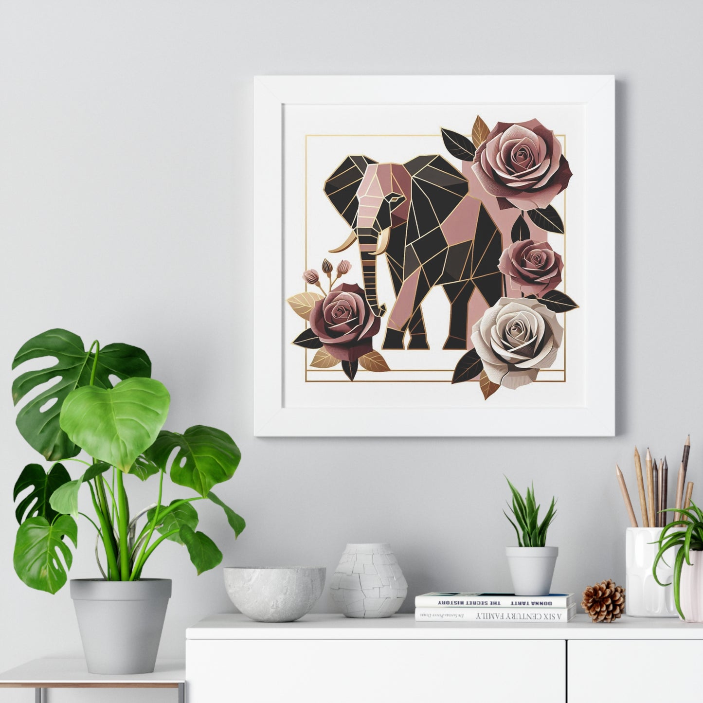 Vertical Poster - Brown & Mauve Elephant & Roses Wall Art