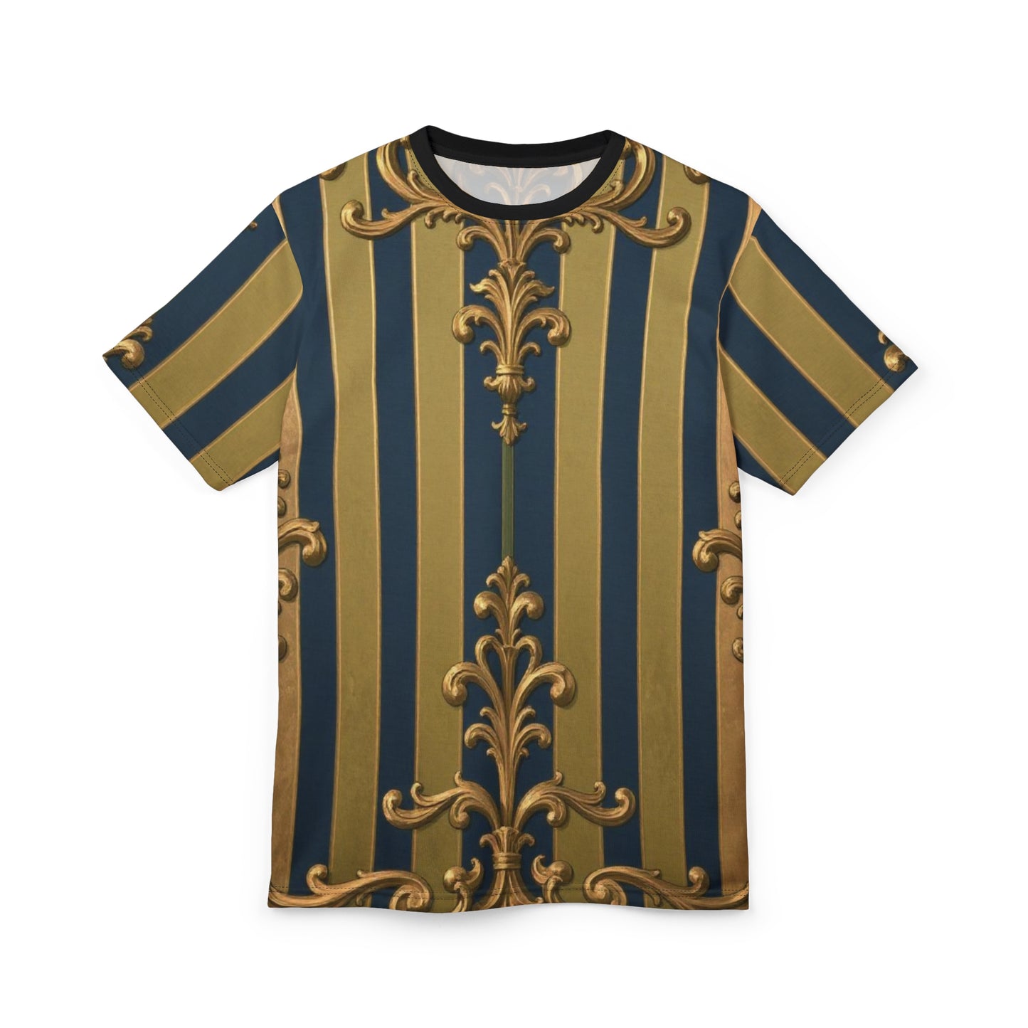 Elegant Midnight Blue & Olive Striped Gold Baroque Unisex Tee, Trendy Fashion Top, Artistic Casual Shirt, Unique Graphic Tee, Gift for Art Lovers