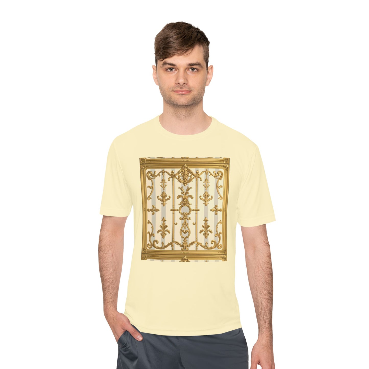 Elegant Gold Unisex Moisture Wicking Tee, Fashion Tee, Workout Shirt, Summer Style - Matte Gray & Cream Striped Gold Baroque