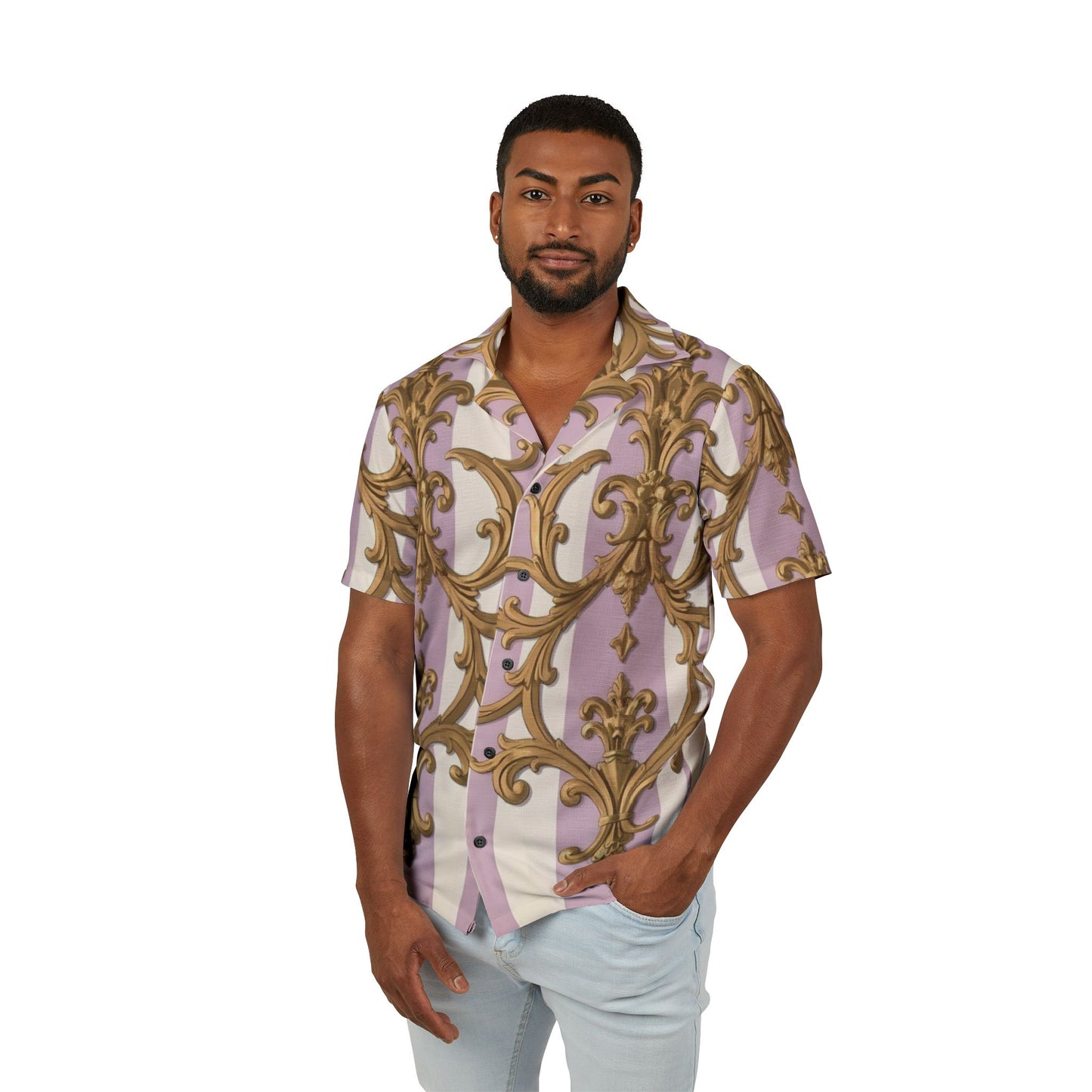 Stylish Men's Hawaiian Camp Shirt, Vacation Wear, Beach Attire, Summer Fashion, Casual Button-Up - Lilac & Alabaster Striped Gold Baroque