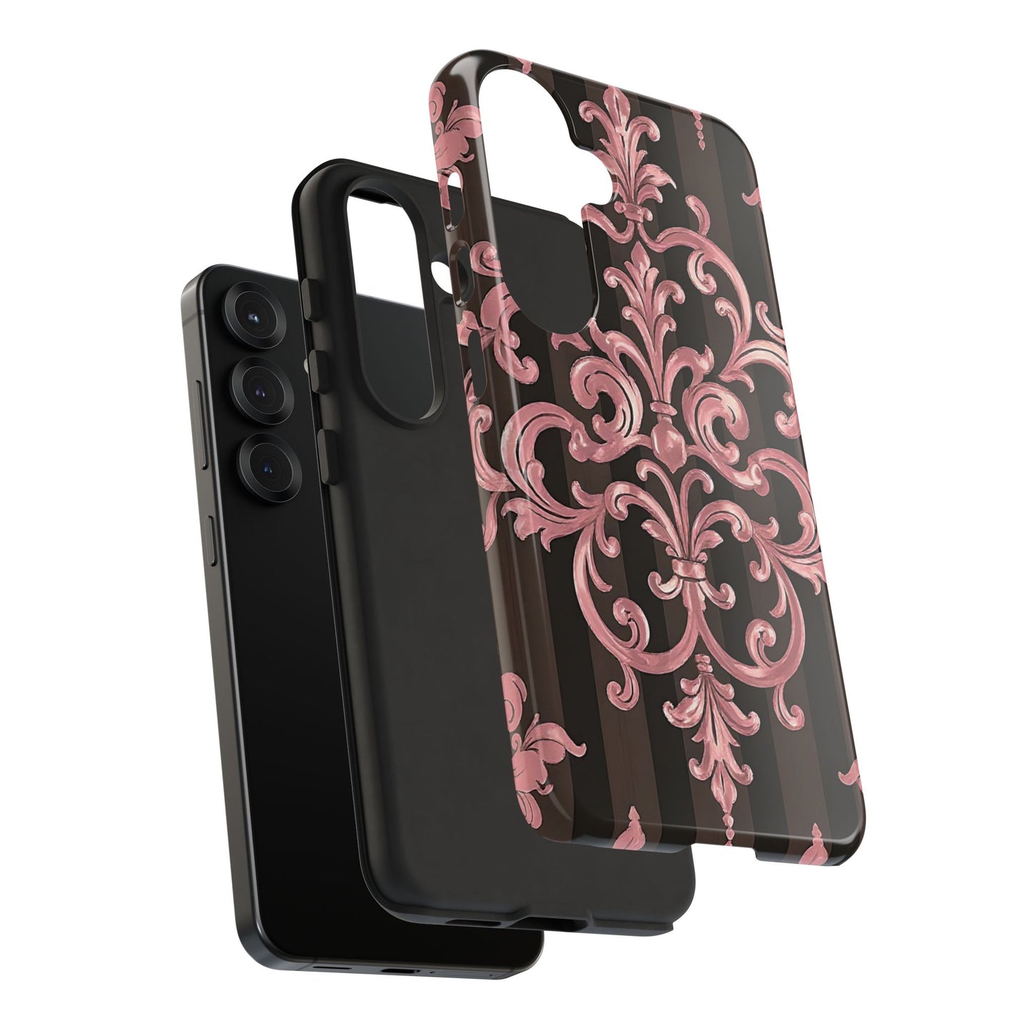 Elegant Floral Motif Phone Case - Tough Cases with Vintage Design - Brown Striped Mauve Damask