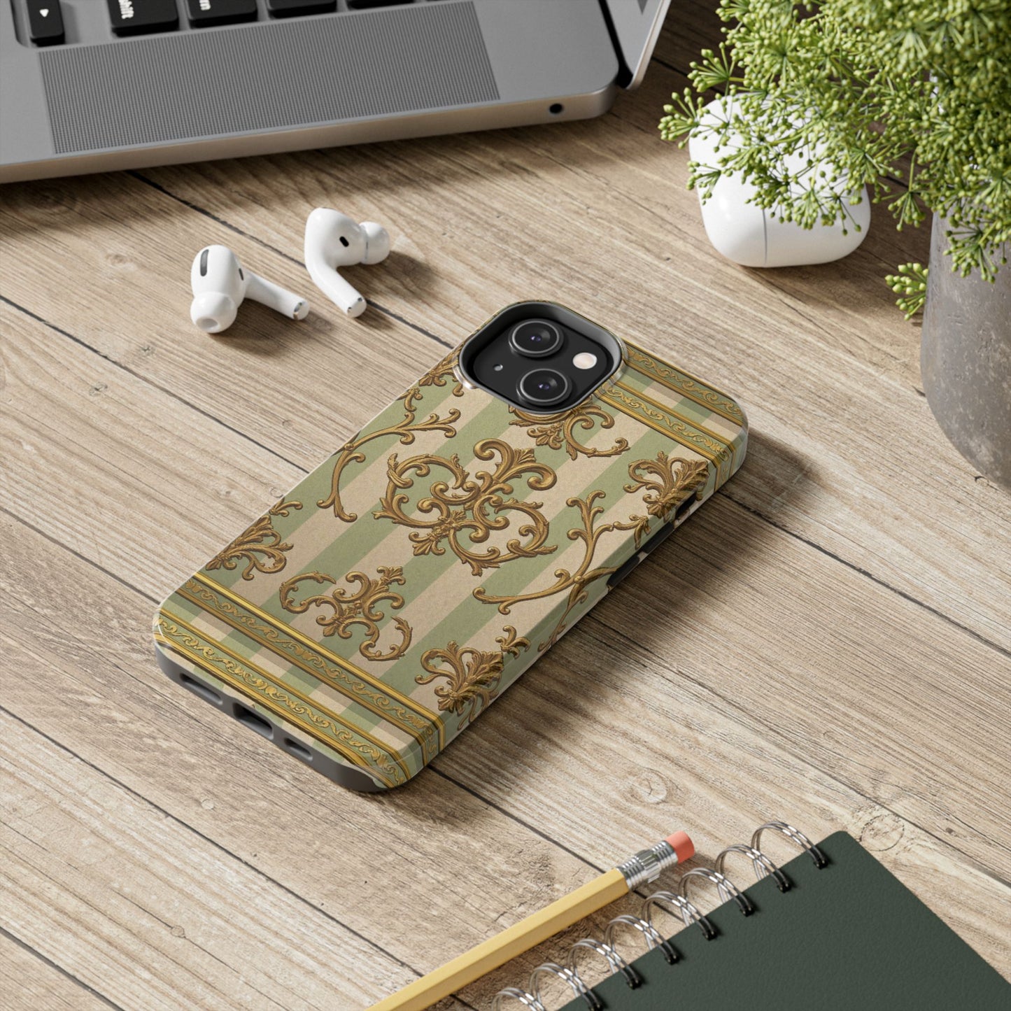 Vintage Elegance Phone Case, Tough Phone Cases for Style, Gift for Birthdays, Stylish Protection - Mint Green & Beige Striped Gold Baroque