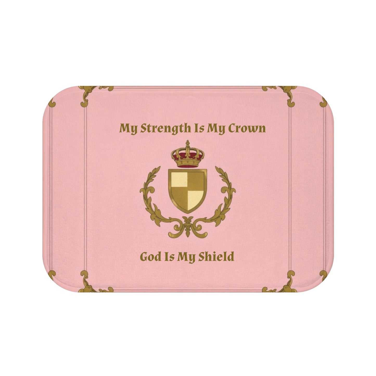 Crown & Crest Spiritual Quote Bath Mat, Inspirational Bathroom Decor, Faith-Based Gift, Motivational Home Accessory, Pink and Gold Mat