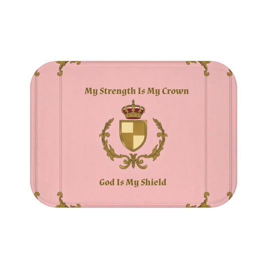 Crown & Crest Spiritual Quote Bath Mat, Inspirational Bathroom Decor, Faith-Based Gift, Motivational Home Accessory, Pink and Gold Mat