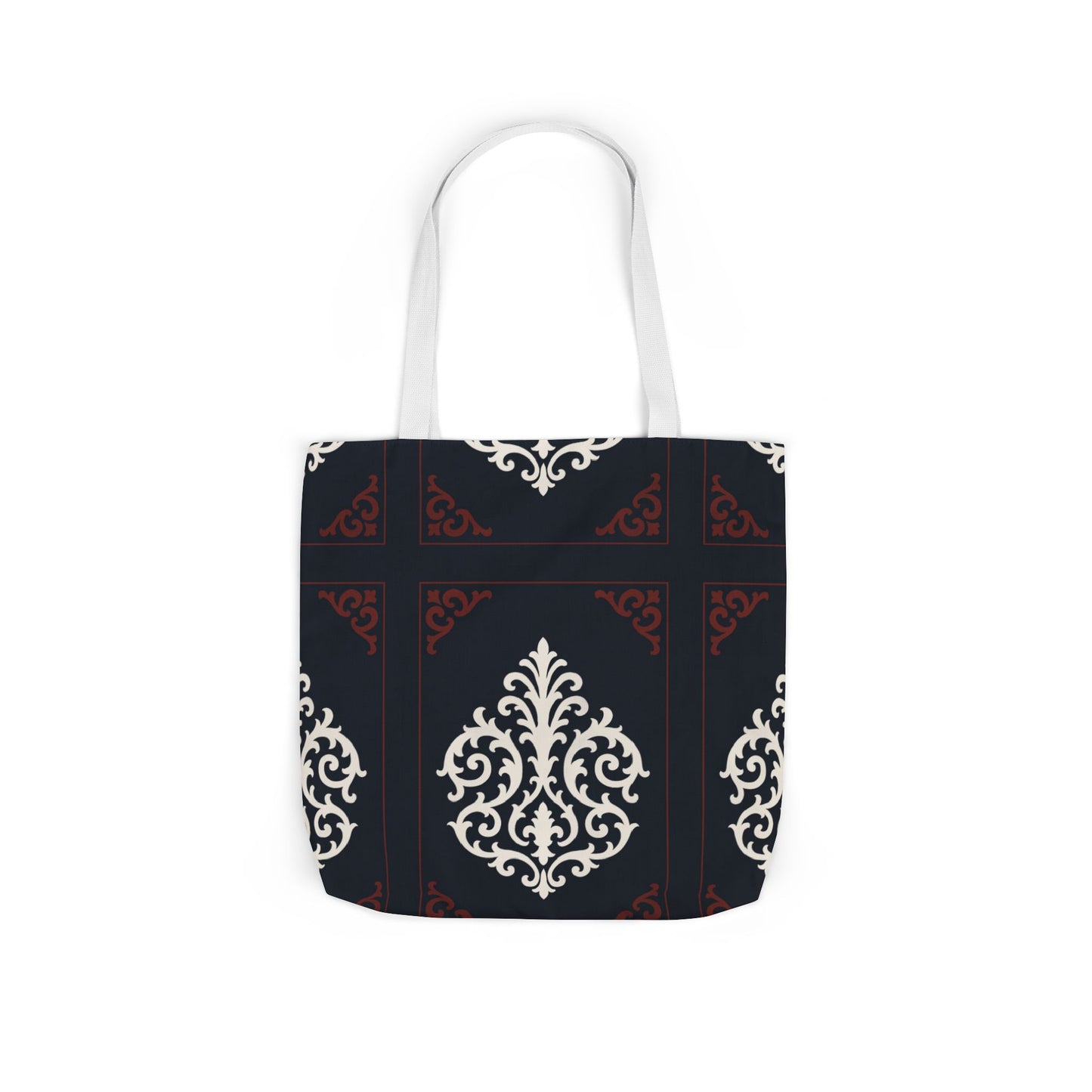 Dusk Blue-Maroon & White Baroque Pattern Canvas Tote Bag — Elegant Dusk Blue & White Reusable Market Bag