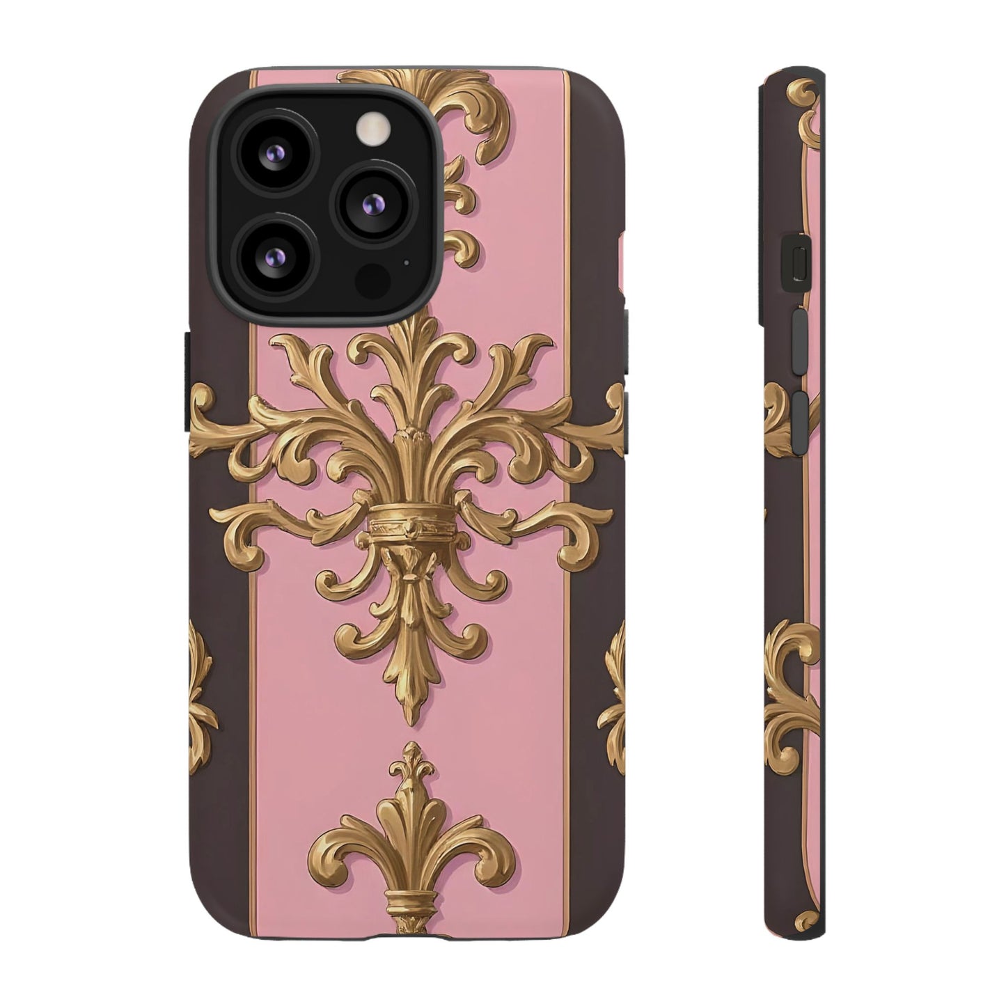 Elegant Floral Motif Phone Case - Tough Cases with Vintage Design - Pink & Brown Striped Gold Damask