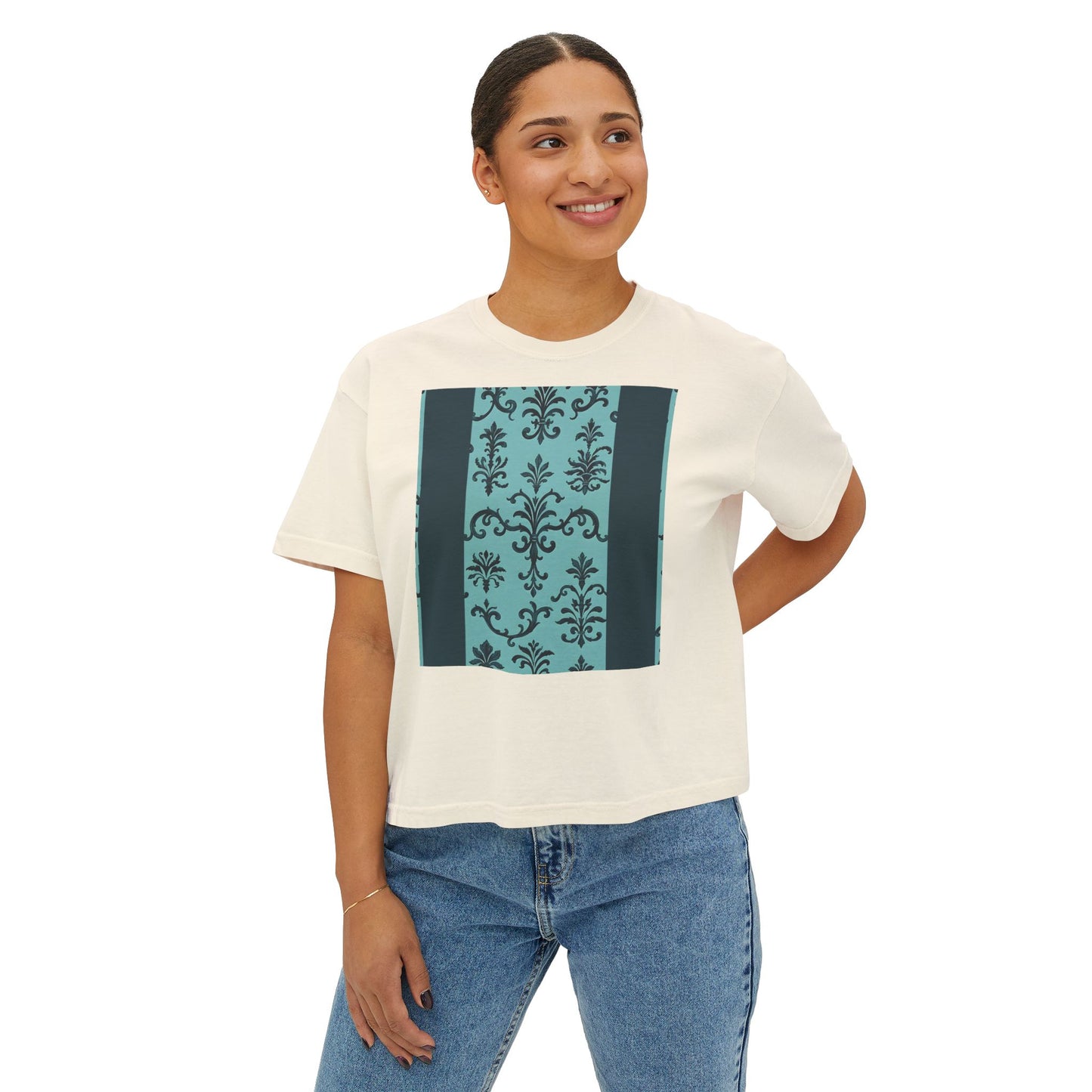 Women's Boxy Tee with Vintage Floral Design, Casual Top, Everyday Wear, Gifts for Her, Summer Fashion, Vintage Style T-Shirt - Teal Striped Rococo