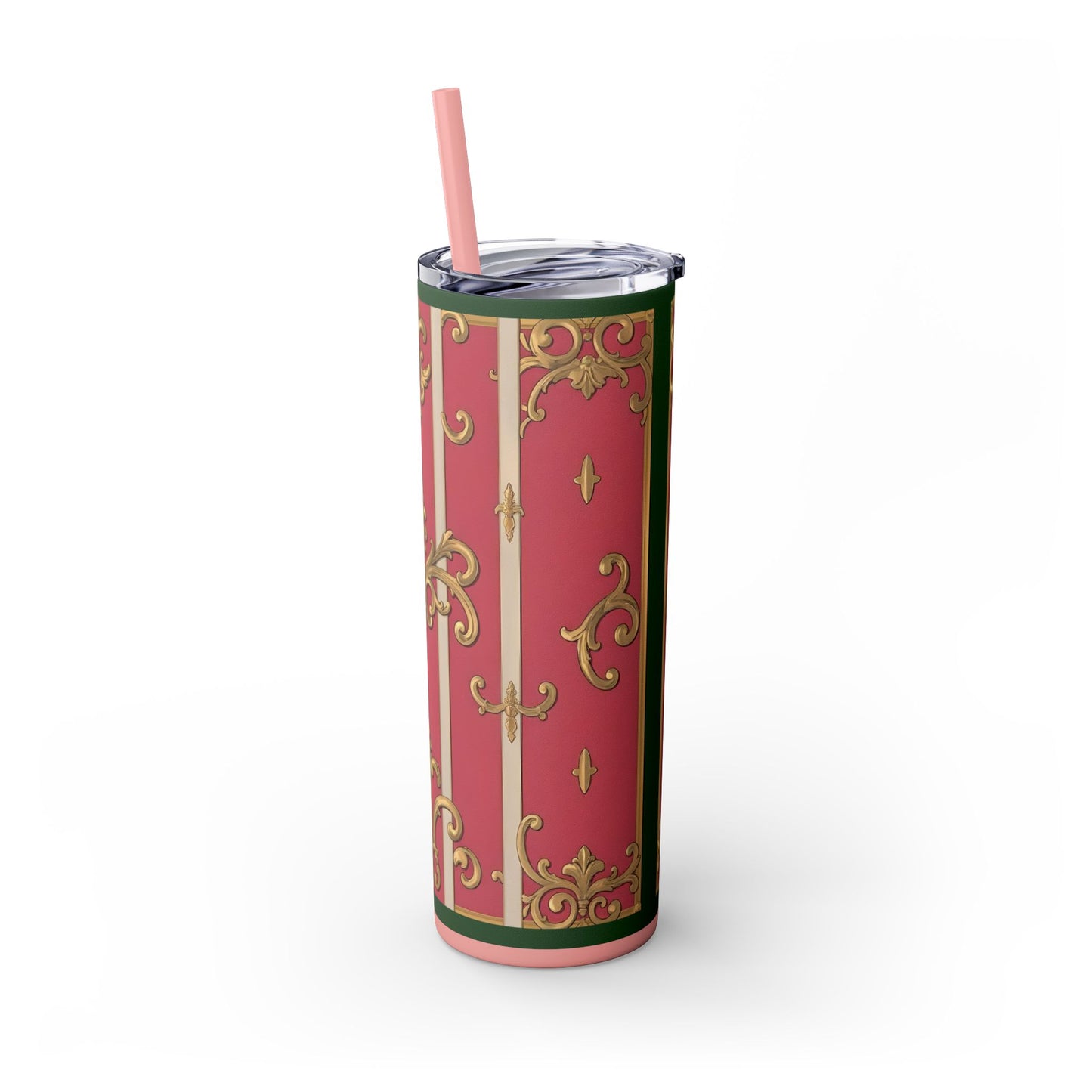Elegant Green Border Pink Striped Baroque Skinny Tumbler with Straw, Reusable Travel Mug, Gift for Her, Fashionable Drinkware