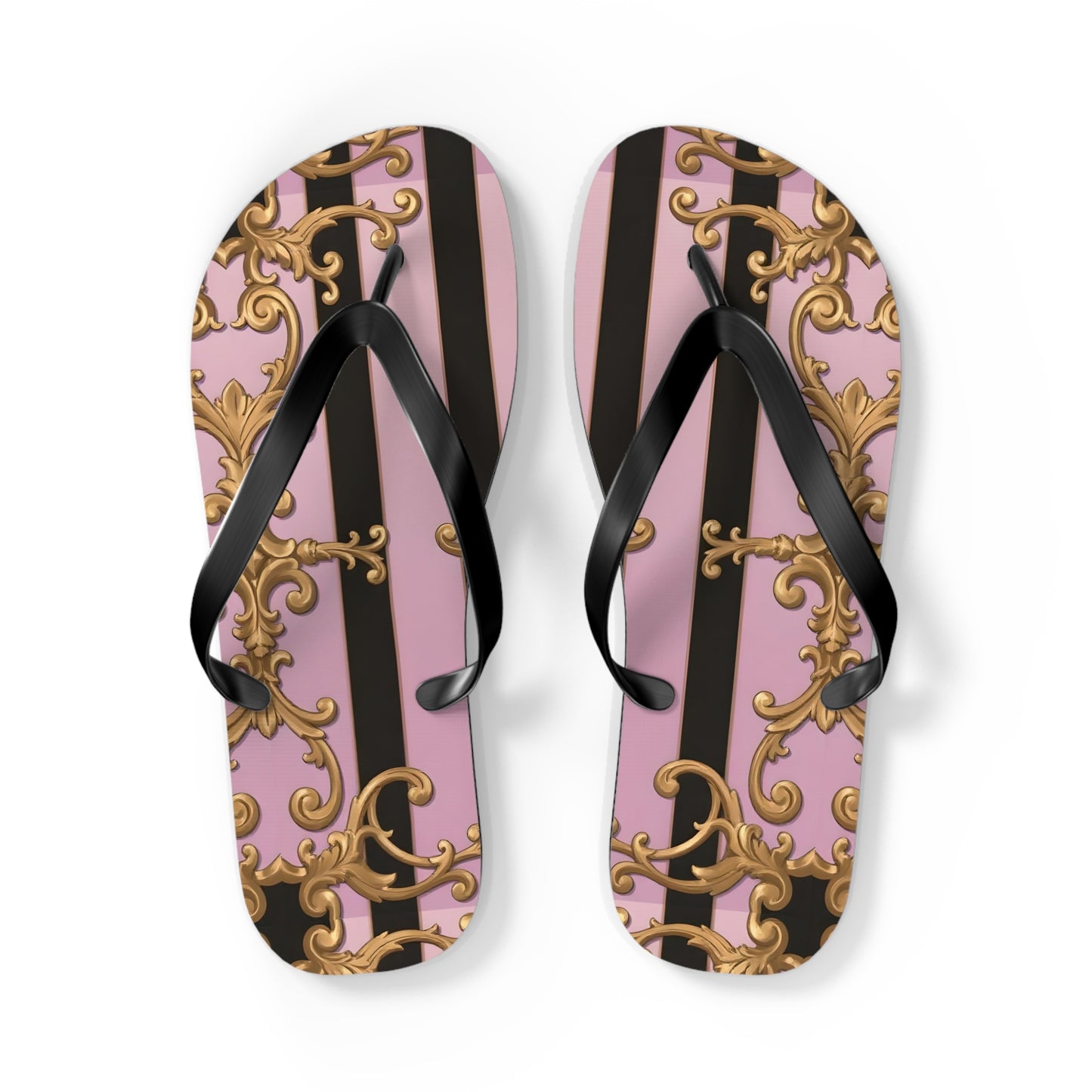Chic Floral Flip Flops, Summer Sandals, Beach Footwear, Vacation Style, Poolside Essentials - Matte Lavender & Black Striped Gold Baroque