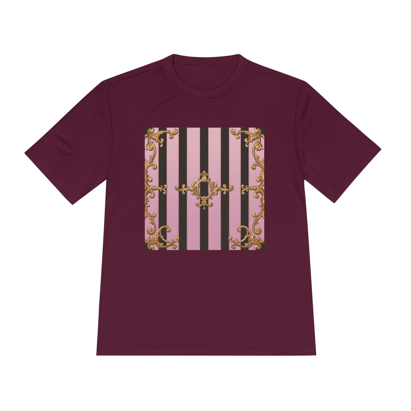 Elegant Striped Unisex Moisture Wicking Tee, Stylish Workout T-Shirt, Fashionable Athletic Top - Matte Lavender & Black Striped Gold Baroque
