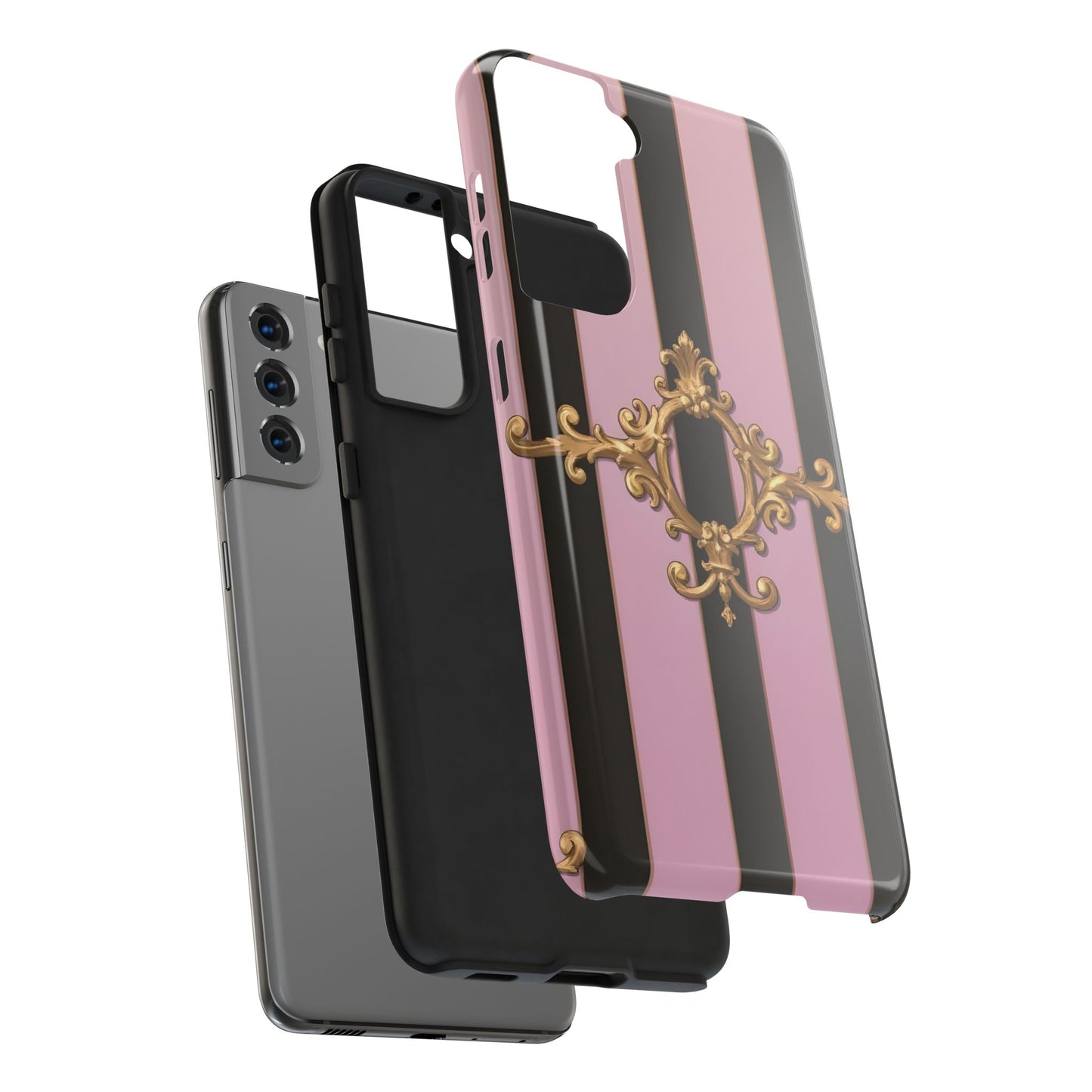 Stylish Tough Phone Case for Elegant Protection, Fashionable Accessories, Smartphone Cover - Matte Lavender & Black Striped Gold Baroque