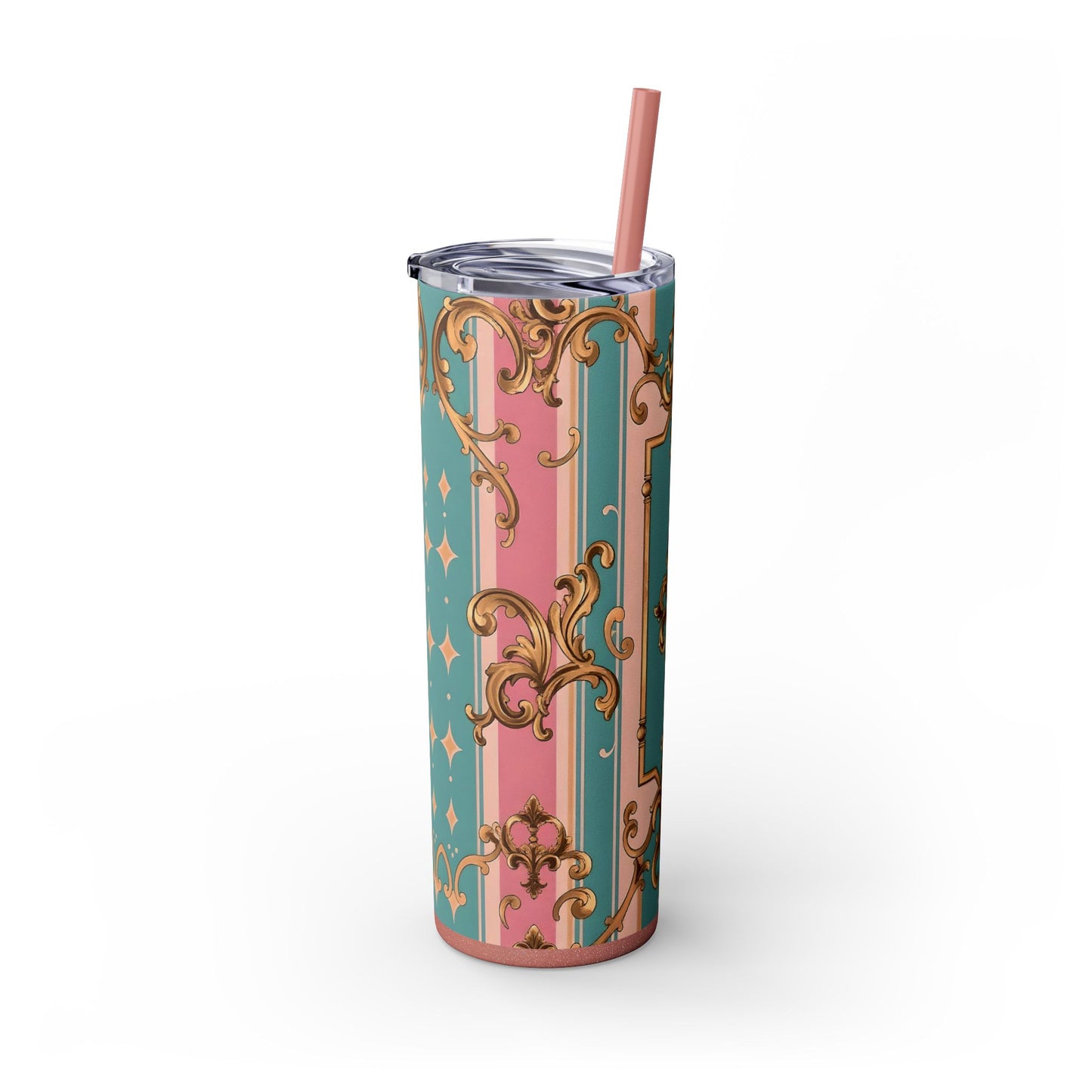 Elegant Floral Skinny Tumbler, 20oz Travel Mug, Stylish Drinkware, Perfect Gift for Her, Vintage Inspired - Pink & Matte Turquoise Striped Rococo