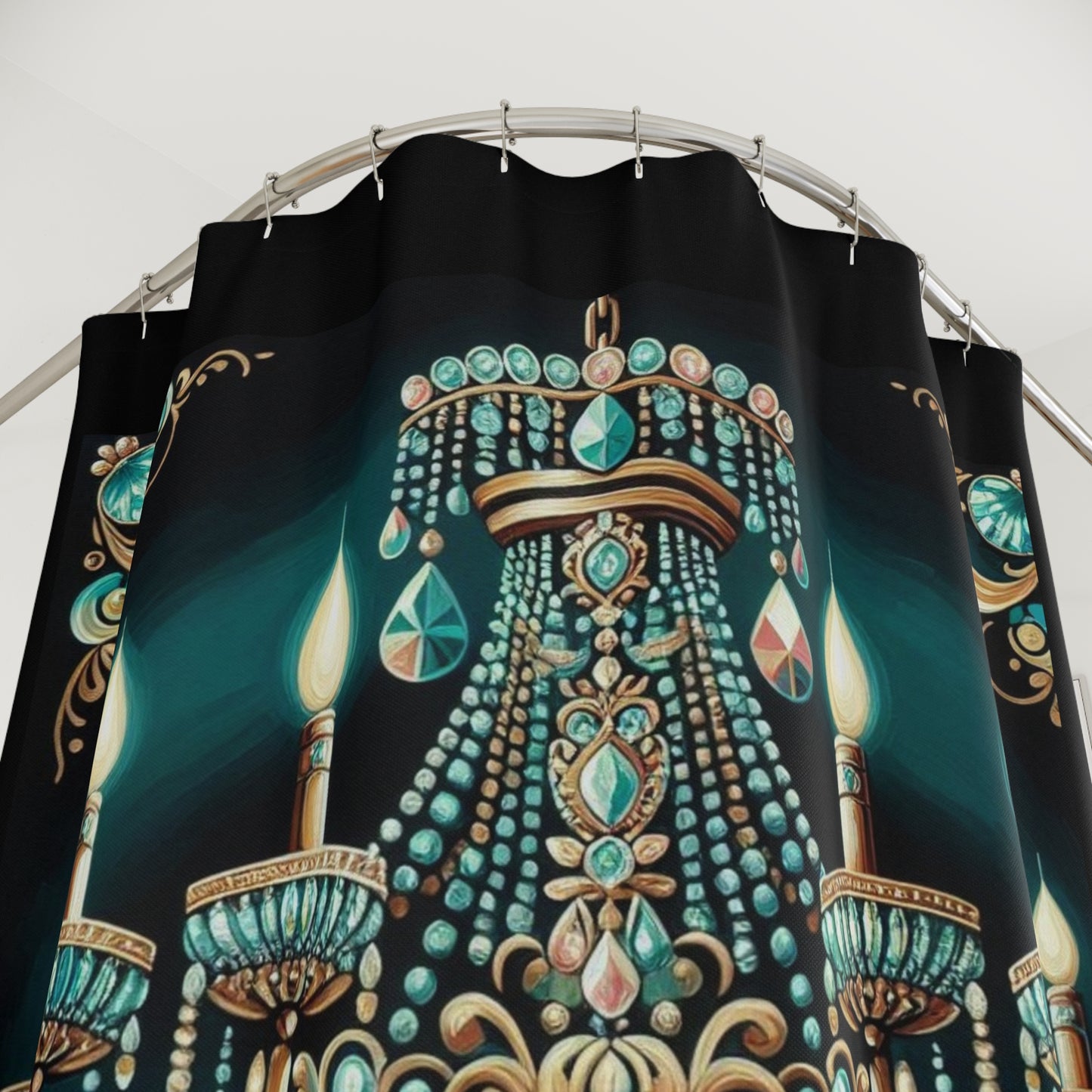 Glamorous Chandelier Shower Curtain, Elegant Bathroom Décor, Luxe Home Accessory - Teal Jeweled Chandelier
