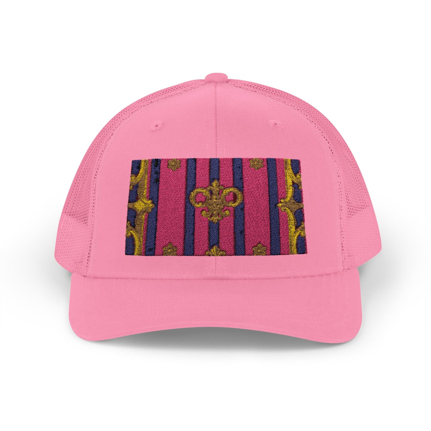 Vibrant Snapback Trucker Cap, Stylish Outdoor Hat, Trendy Fashion Accessory, Gift for Him or Her - Pink Striped Gold Baroque