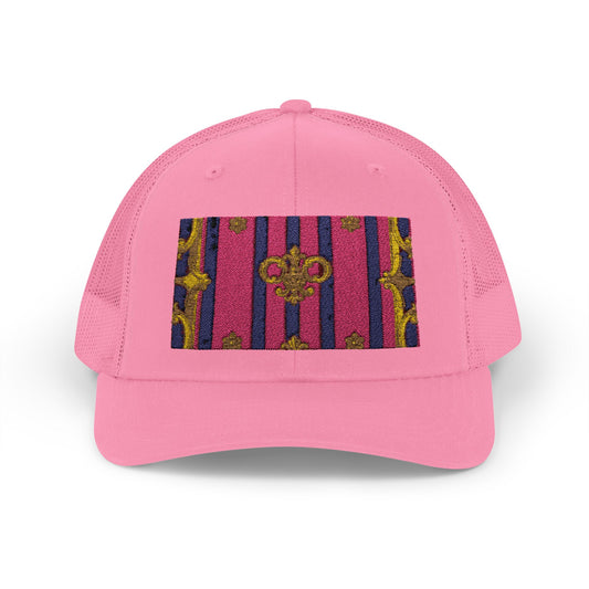 Vibrant Snapback Trucker Cap, Stylish Outdoor Hat, Trendy Fashion Accessory, Gift for Him or Her - Pink Striped Gold Baroque