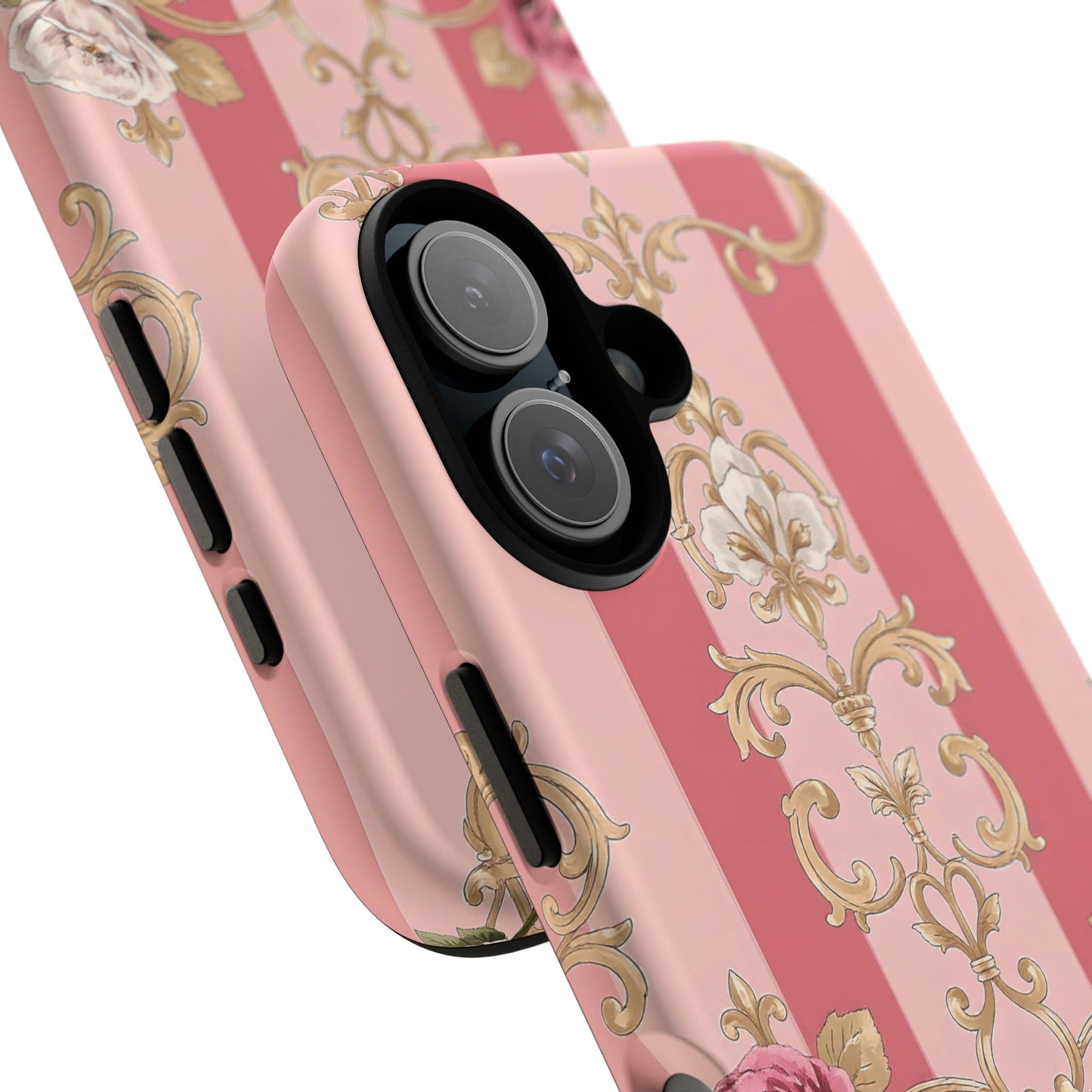 Elegant Floral Motif Phone Case - Tough Cases with Vintage Design - Pink Striped Roses & Damask