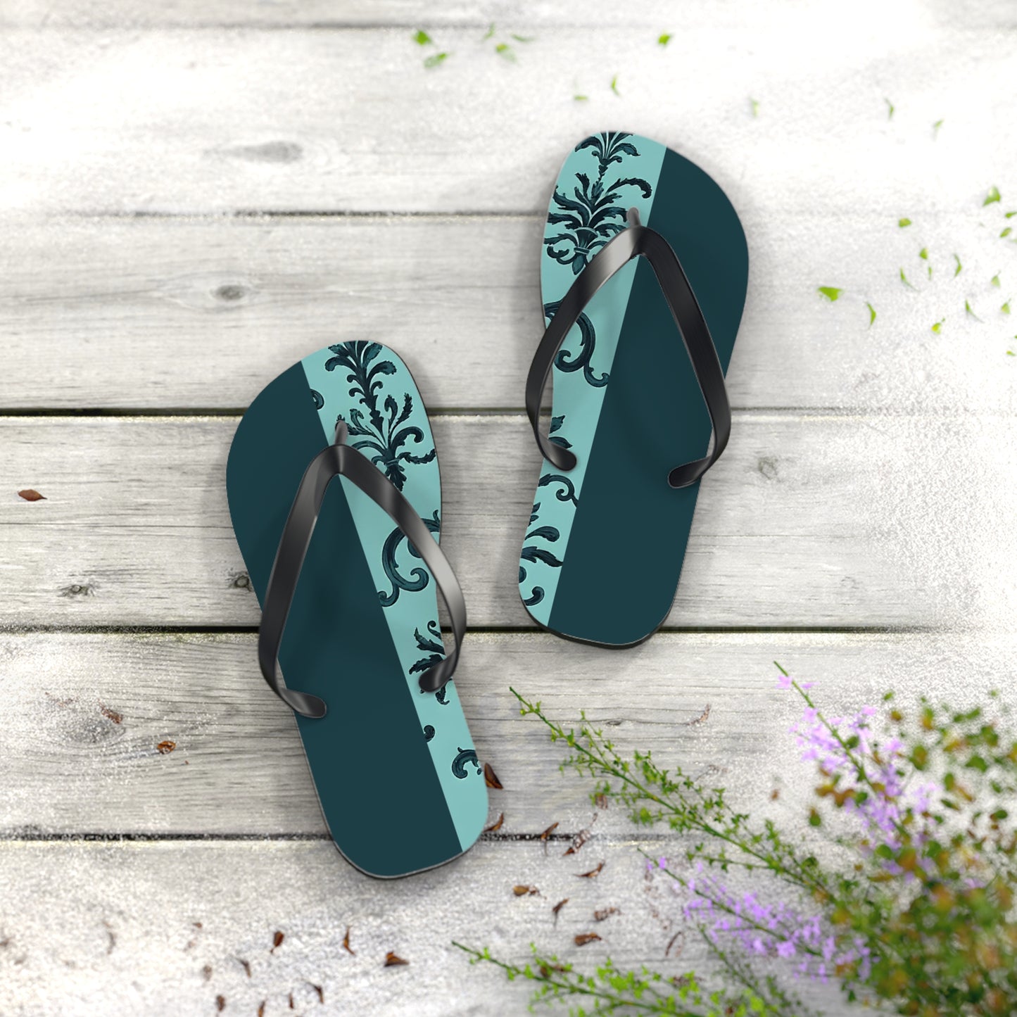 Chic Vintage-Inspired Flip Flops | Summer Footwear, Beach Essentials, Stylish Sandals, Vacation Ready, Gift for Her - Teal Striped Rococo