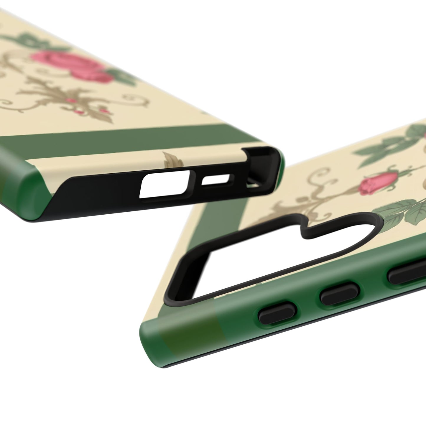 Elegant Floral Motif Phone Case - Tough Cases with Vintage Design - Green Border Roses & Damask