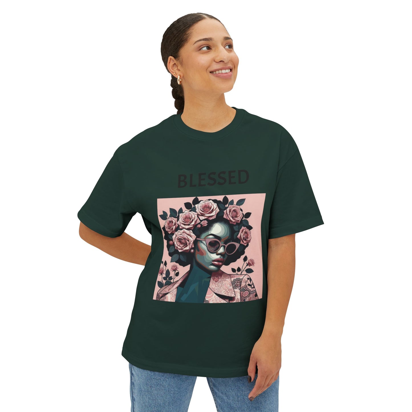 Blessed Floral Oversized Tee | Unisex Fashion, Trendy Streetwear, Gift Idea, Spiritual Apparel, Chill Vibe Shirt - Black Lettering